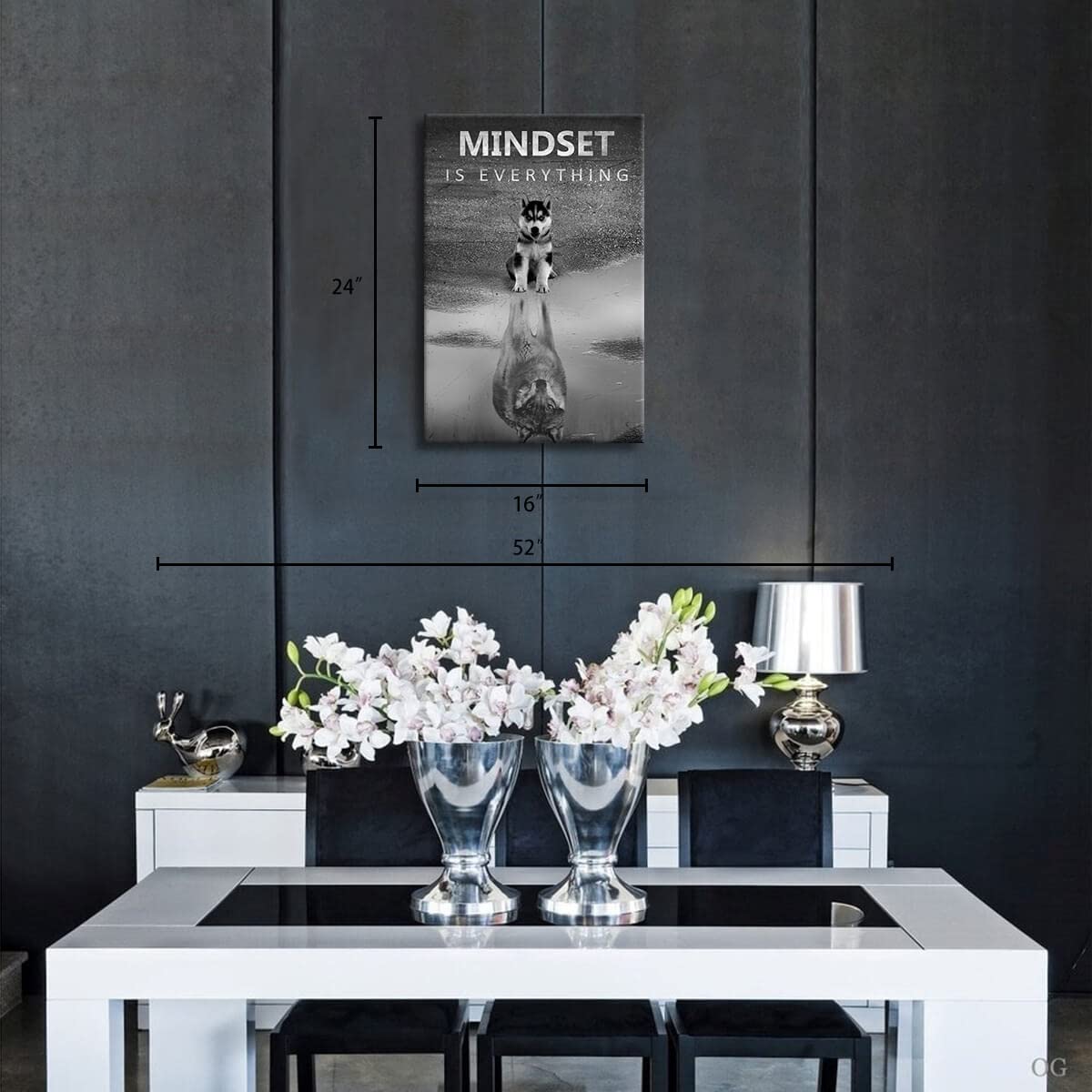 Modern Motivational Wall Art Canvas - Mindset is Everything Inspirational Office & Bedroom Decor (16x24 Inch Framed Black & White Wolf Motto Artwork) - Perfect for Home, Office & Gifts