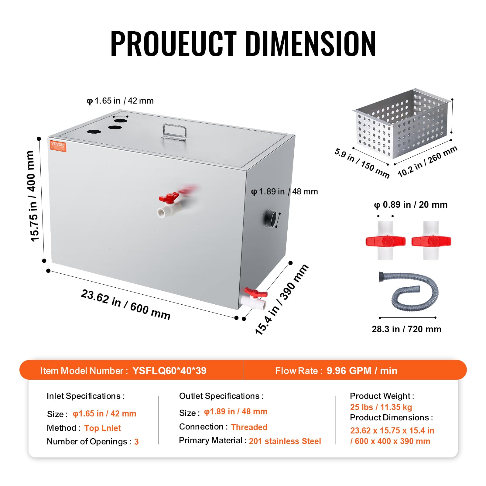 VEVOR 40 LBS Commercial Grease Trap - Stainless Steel Under Sink Grease Interceptor with Top Inlet, 10 GPM Waste Water Oil-Water Separator for Restaurant, Canteen & Home Kitchen - Perfect for High-Volume Cooking Areas and Food Service Establishments