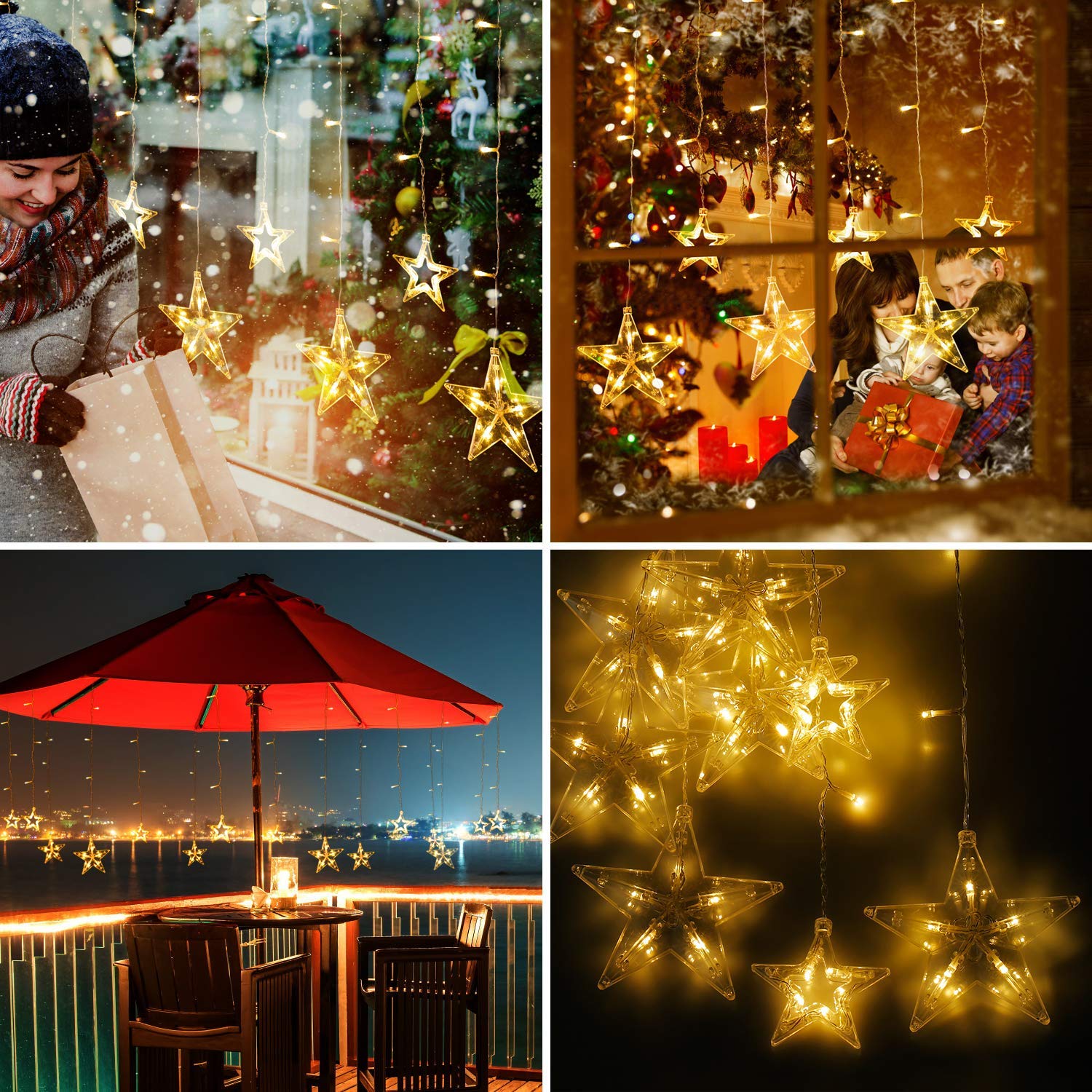 Quntis 138LEDs 12 Star Connectable Christmas Curtain Lights - 6.6ft LED String Lights with 8 Flashing Modes, Warm White Indoor/Outdoor Decorative Lighting for Bedroom, Window, Diwali, Christmas, Wedding, Party & Garden Decor