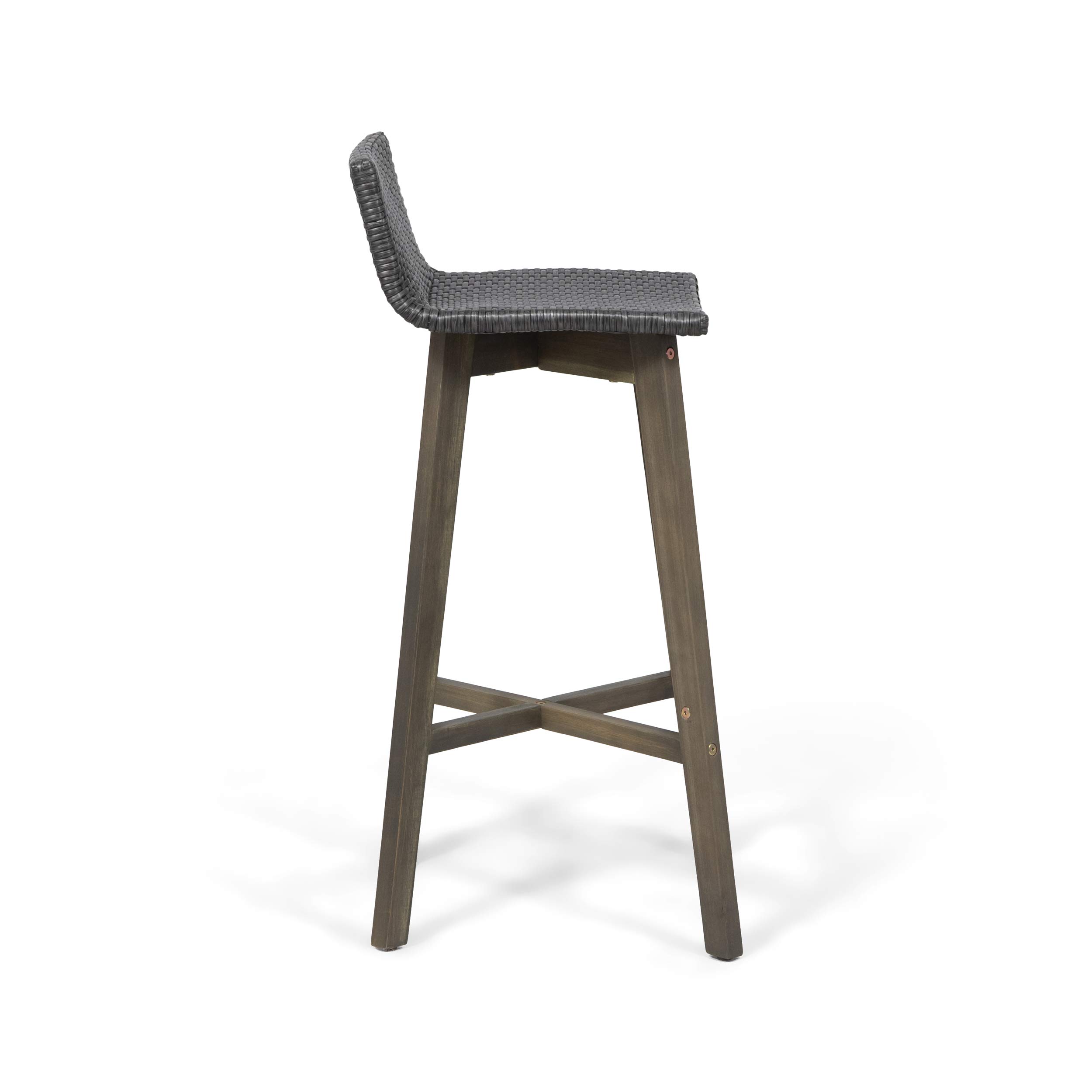 GDFStudio 4-Piece Gray Outdoor Wood & Wicker Bar Stools Set - Weather-Resistant Patio, Poolside & Garden Furniture for Backyard, Deck & Outdoor Dining