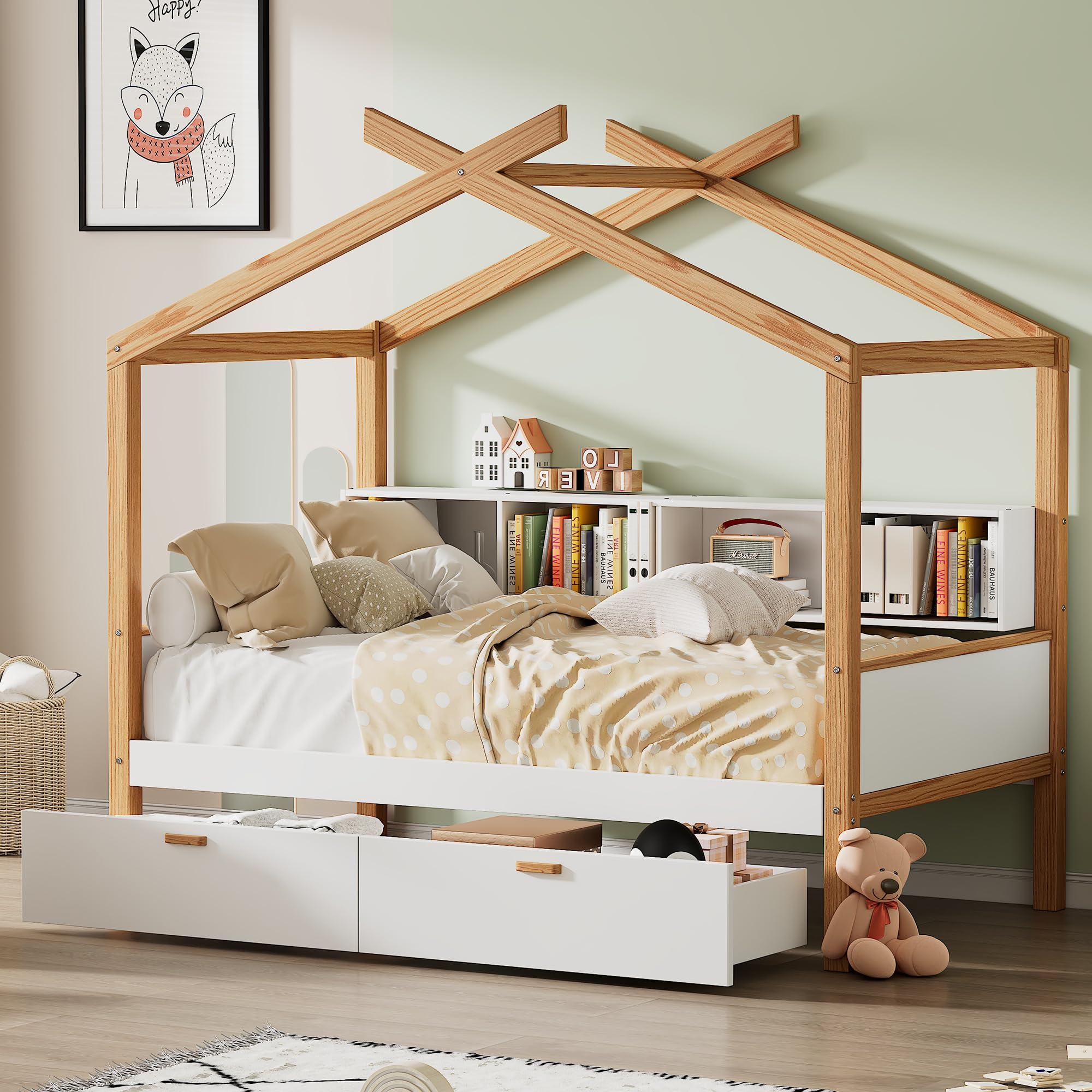 Full Size Kids House Bed with Storage Drawers & Bookshelves - Wooden Bed Frame for Boys & Girls - Natural Finish - Perfect for Bedroom Decor & Playroom Furniture