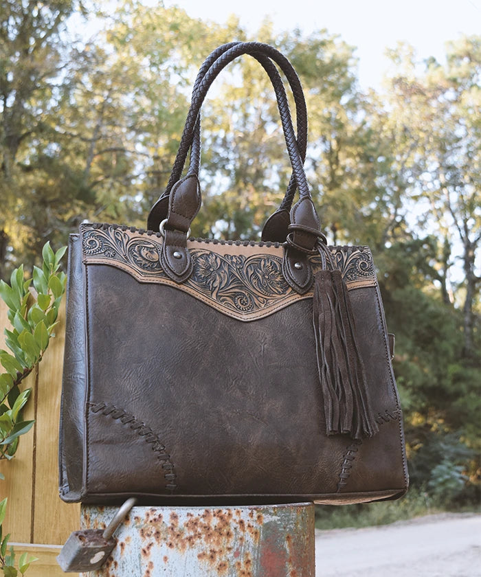 Montana West Genuine Leather Tooled Fringe Tote Bag for Women - Stylish Western Handbag for Work, Travel & Everyday Use