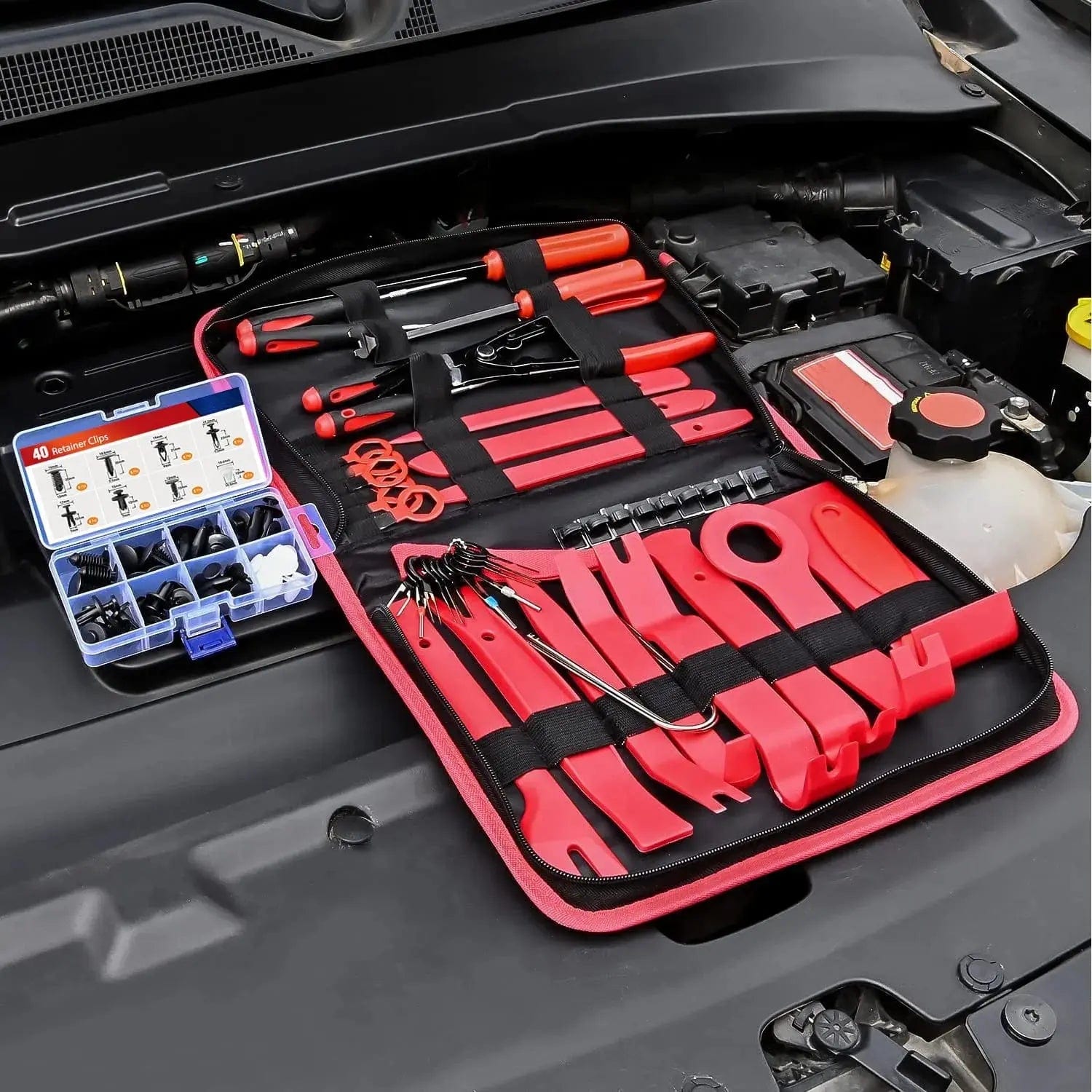 88 Pcs Car Trim Removal Tool Kit - Red Automotive Panel Clip Pry Tool Set for Door Dash Interior Repair & Installation - Perfect for DIY Car Detailing & Maintenance