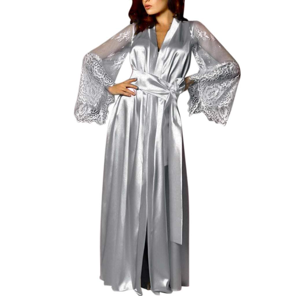 Women's Satin Long Nightgown - Silk Lace Trim Sexy Sleepwear & Robe with Cuffs for Bedroom, Bridal Nightwear, Romantic Evening and Special Occasions