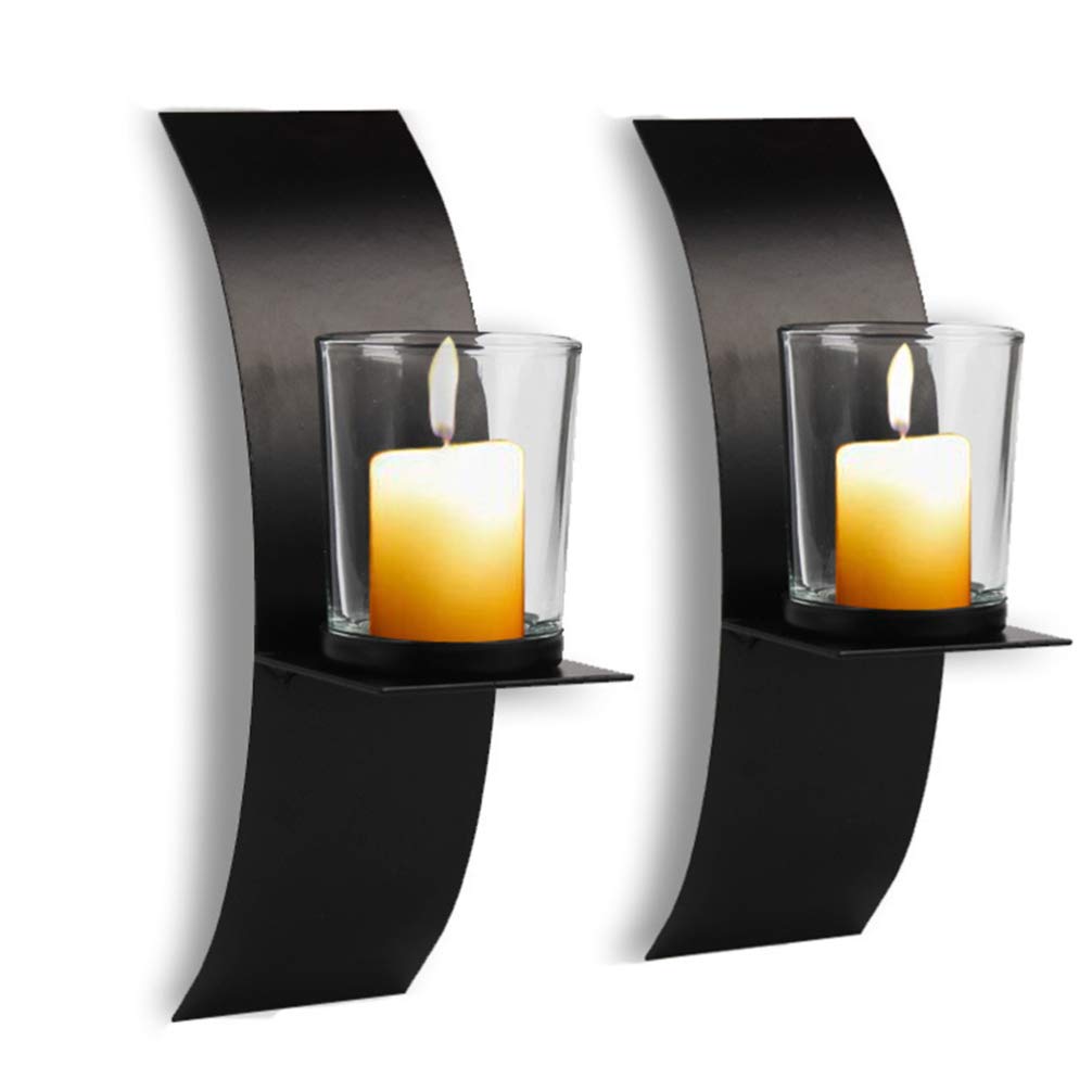 VOSAREA 2 Pack Black Metal Wall Mounted Candle Holder with Arc Glass Tray - Rustic Home Decor Shelf Bracket for Living Room, Bedroom, and Dining Room - Perfect for Tea Lights, Pillar Candles, and Decorative Display