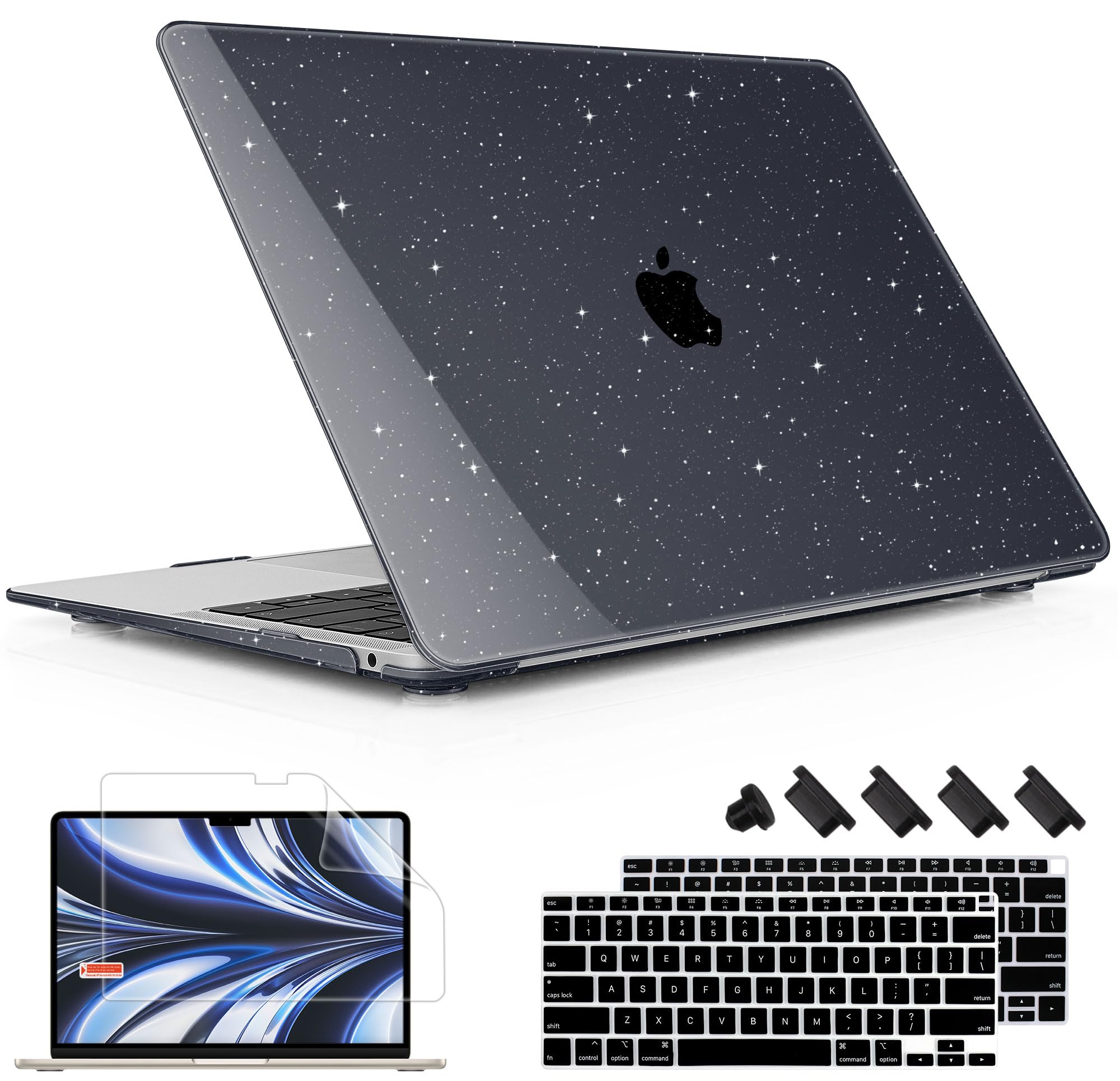 May Chen Hard Plastic Protective Case for MacBook Air 13 Inch (2021/2020/2019/2018 Models M1 A2337 A2179 A1932) - Glitter Black Keyboard Cover Compatible with Retina Display | Perfect for Work, Travel & School Protection