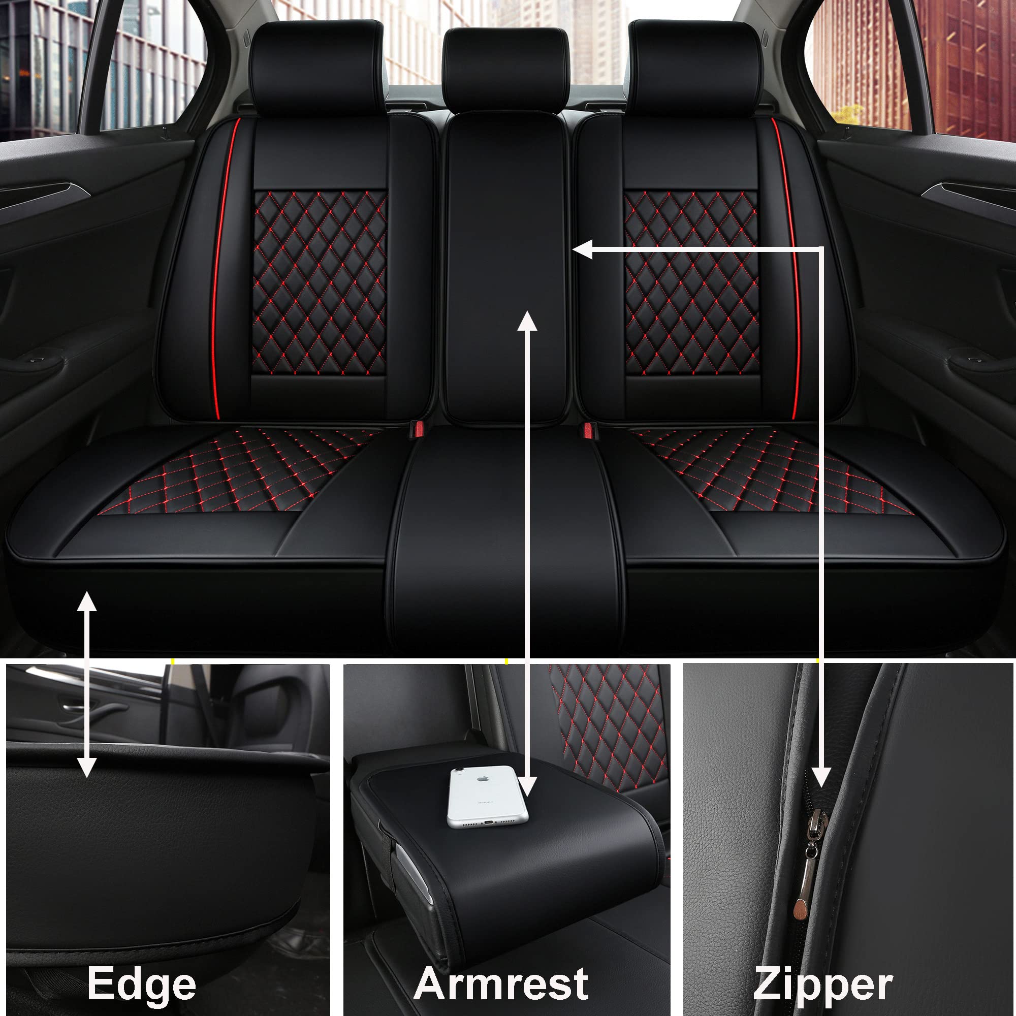 Easy to Clean Synthetic Leather Car Seat Cushions - Universal Fit Car Seat Cover for Toyota Corolla, Chevy Cruze, Subaru Legacy, Chevy Malibu, Nissan Maxima, Toyota Tacoma (Black with Red Stitching, Full Set) | Waterproof & Comfortable for Daily Commute, Road Trips & Long Drives