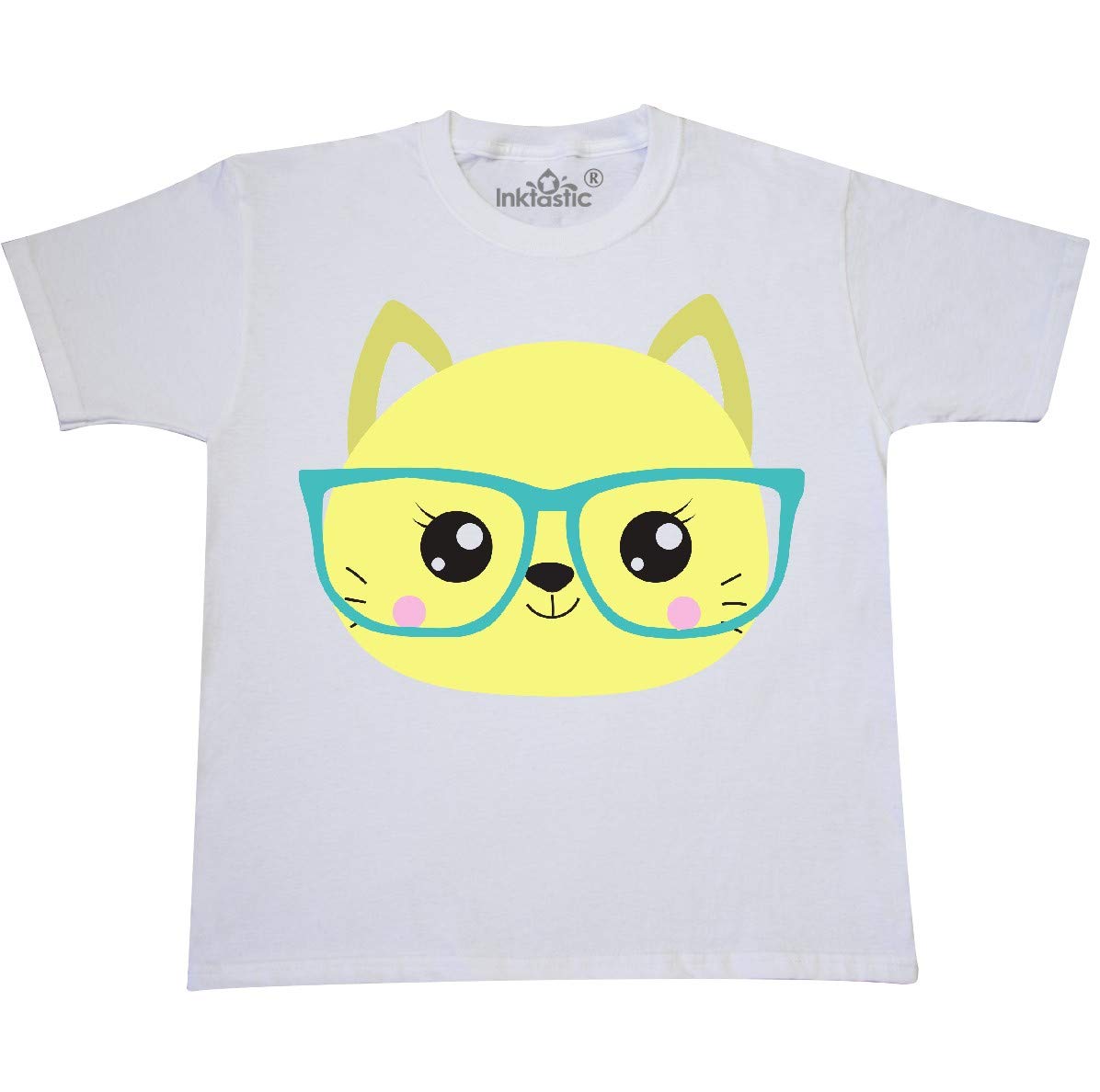 Inktastic Hipster Cat with Glasses - Cute Kitten Graphic Youth T-Shirt for Boys & Girls | Funny Cat Lover Gift, Casual Wear & School Outfit