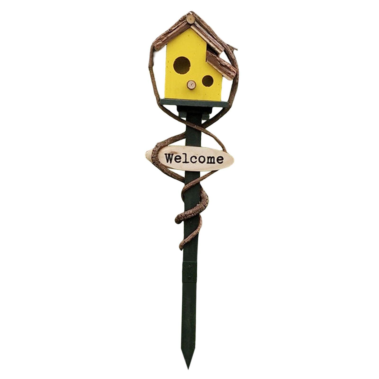 FAKEME Rustic Farmhouse Style Outdoor Bird House Stakes - Decorative Yard Ornaments for Backyard, Lawn & Garden - Unique Novelty Gifts & Clearance Art Crafts (Yellow) | Perfect for Outdoor Decor, Bird Watching & Farmhouse Themed Gardens