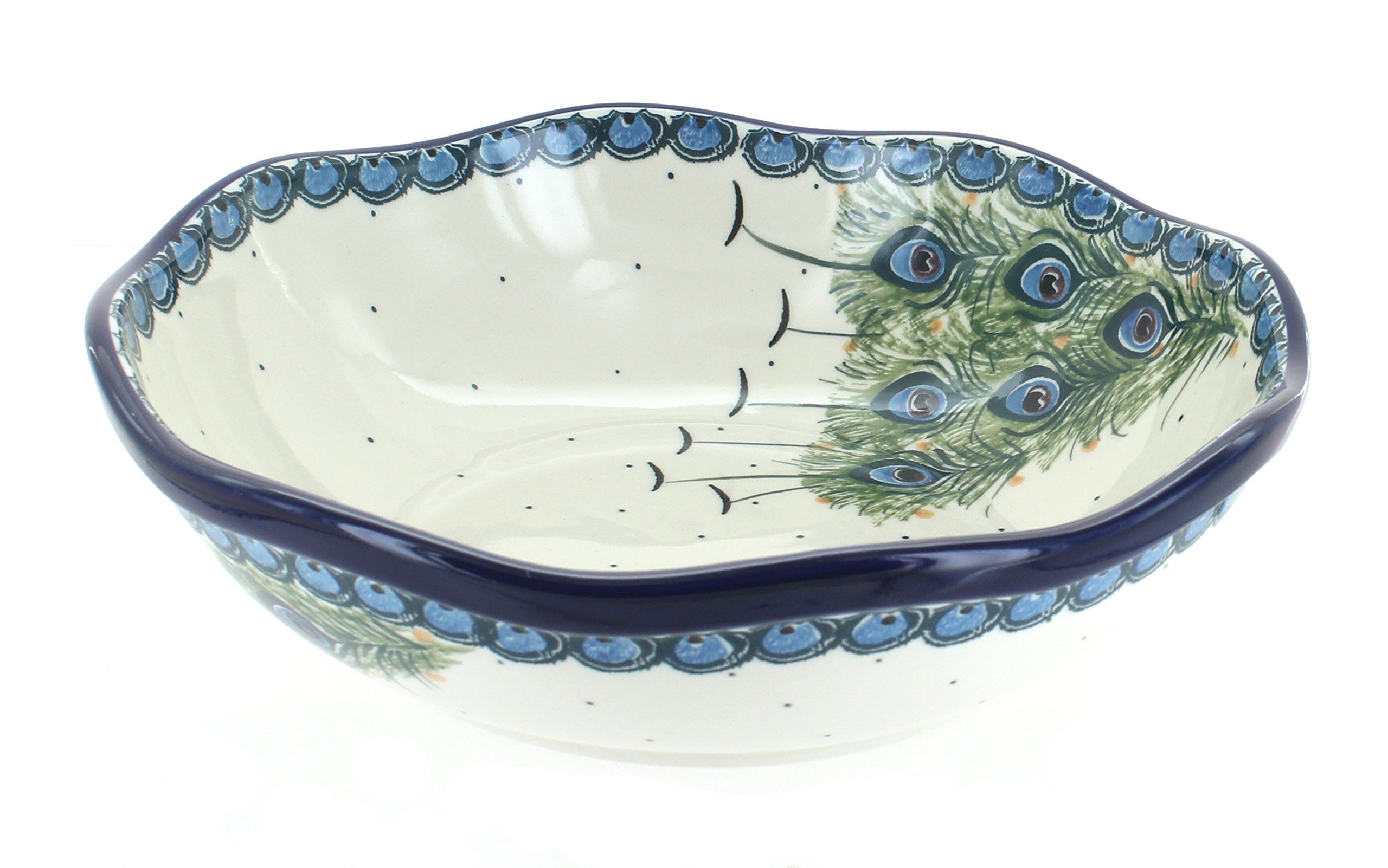 Handmade Blue Rose Polish Pottery Bowl with Peacock Feather Design – Large Scalloped Serving Dish for Dining, Home Decor & Gift Giving