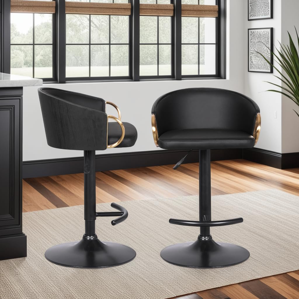 Armen Living Solstice Adjustable Black Faux Leather Swivel Bar Stool with Black Powder Coated Metal Base & Gold Accents - Perfect for Kitchen Islands, Home Bars & Modern Dining Areas