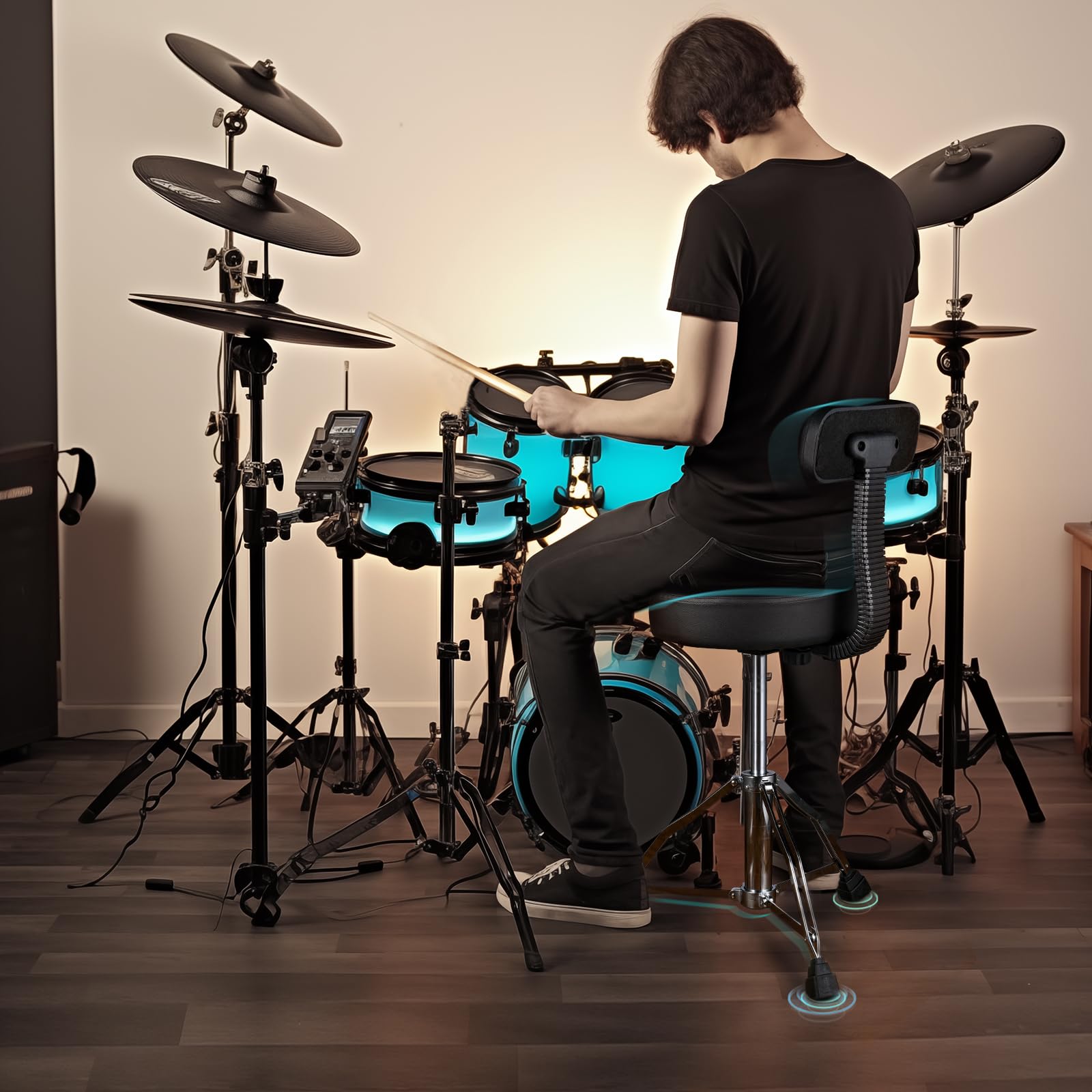 LEKATO Heavy Duty Hydraulic Drum Throne with Adjustable Height & Backrest - Motorcycle Style Drum Stool for Adult Drummers - Perfect for Drum Practice, Studio Sessions & Live Performances