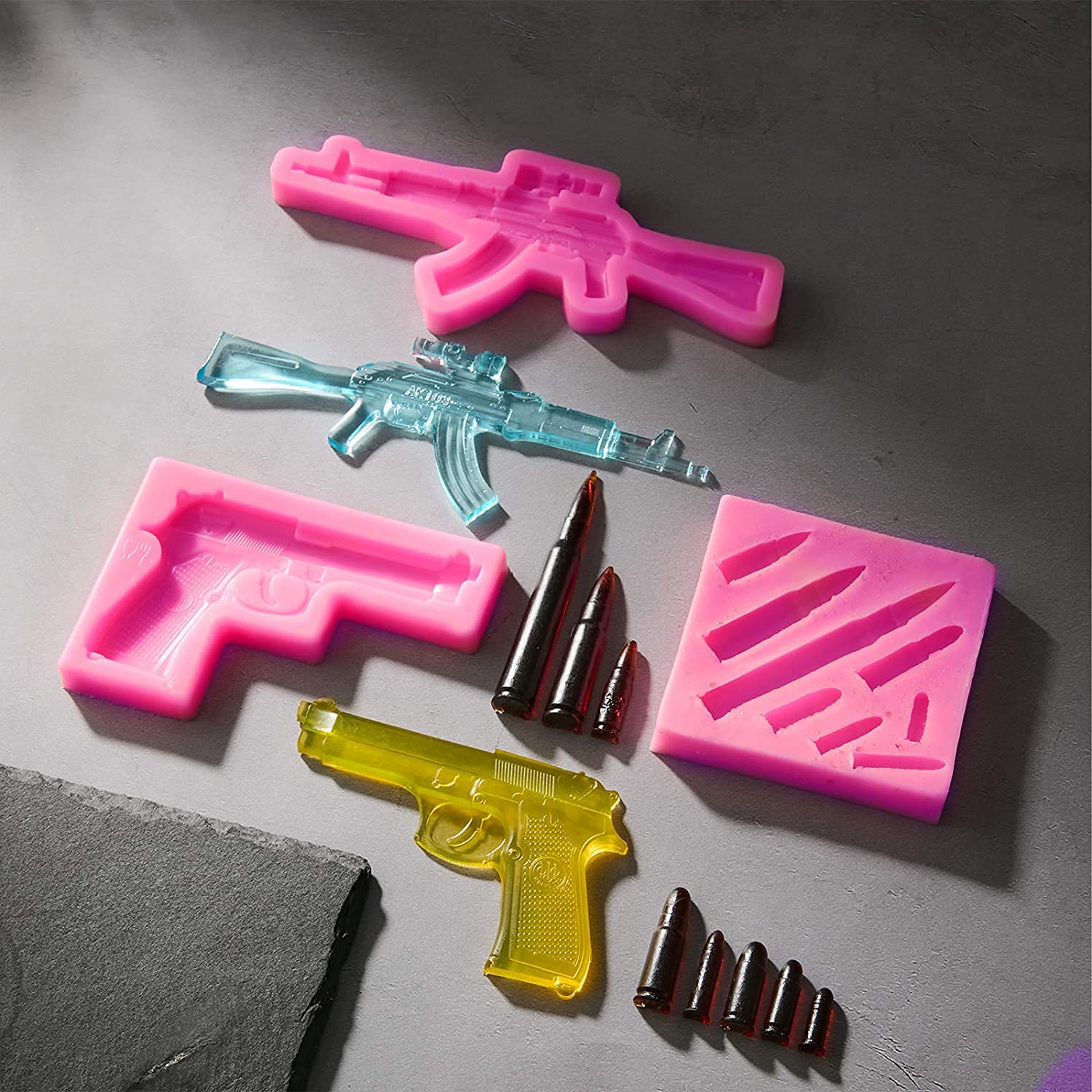3Pcs 3D Gun-Shaped Silicone Molds for Fondant, Chocolate, Candy, Soap & Resin Crafts - Pistol, Bullet & Rifle Design - Perfect for Cake Decorating, Ice Cubes, Cupcake Toppers & Birthday Party Desserts