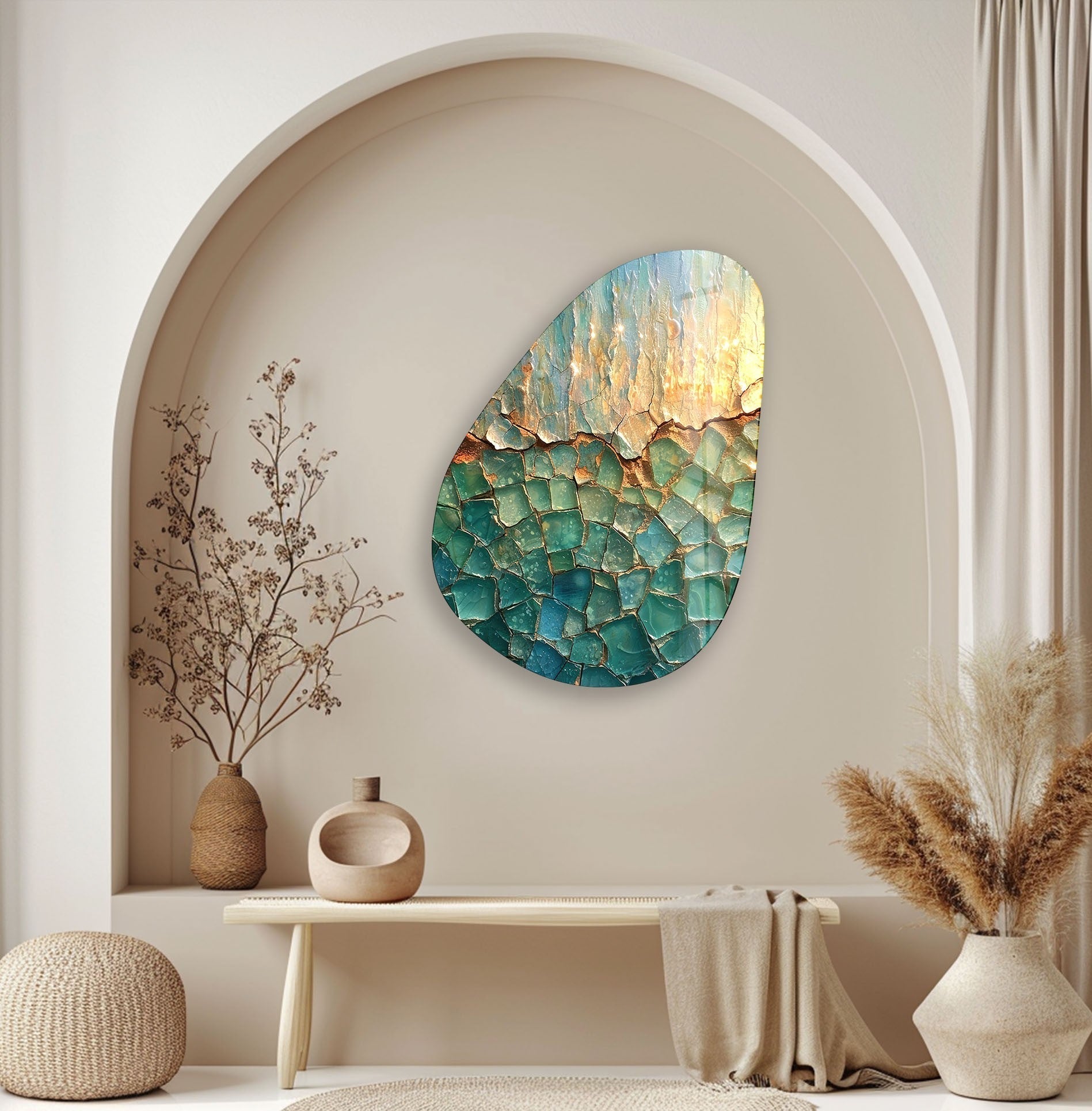 Asymmetrical Oval Green Cracked Glass Wall Art - Modern Abstract Home Decor for Living Room, Bedroom & Office - Handmade Glass Wall Sculpture for Unique Interior Design