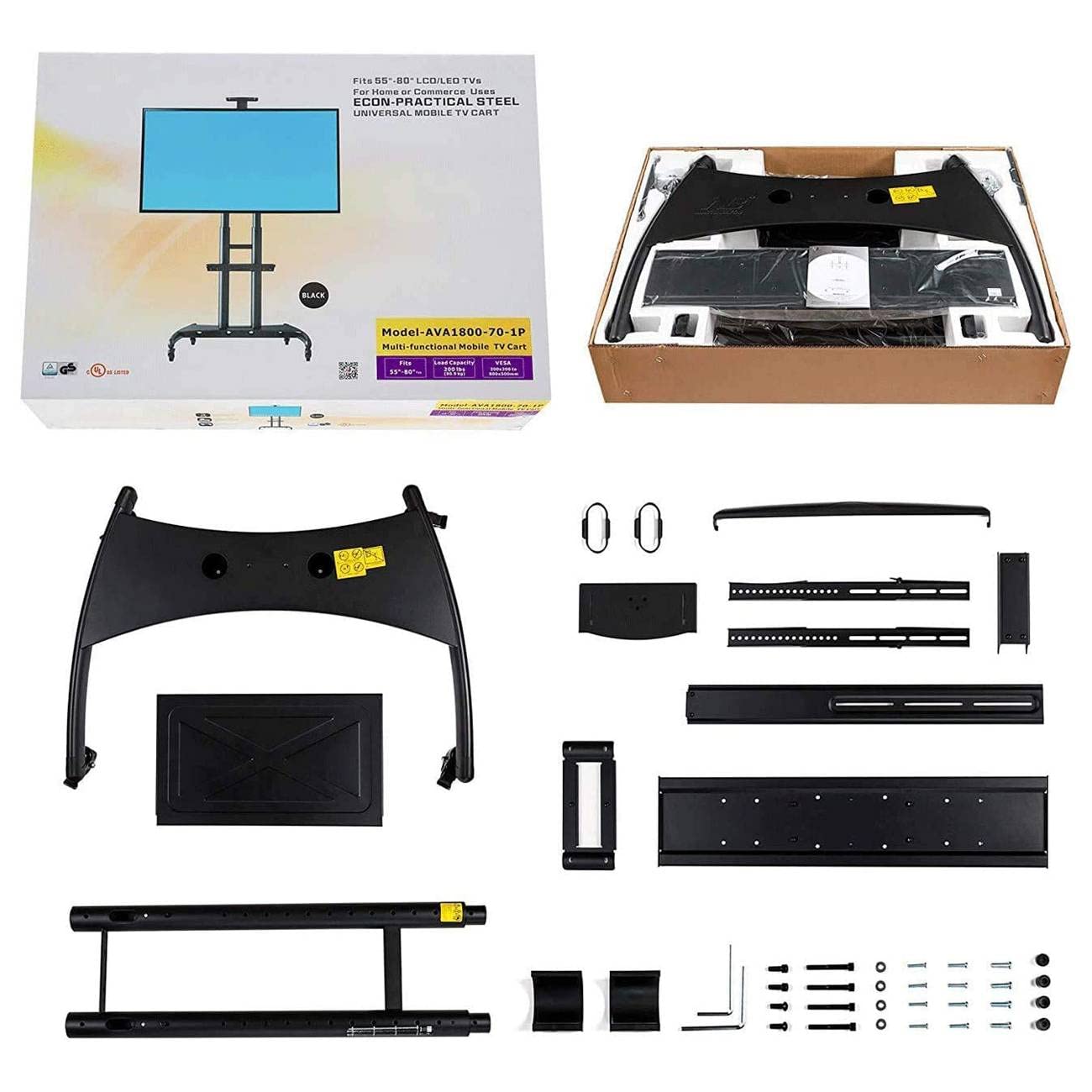 Heavy-Duty Rolling TV Stand for 55-85 Inch Screens - Mobile TV Cart with Wheels Supports 200 lbs for LCD/LED/OLED/Plasma Flat & Curved TVs - Adjustable Height AV Shelf & Camera Tray - Perfect for Living Rooms, Home Theaters, and Studio Setups