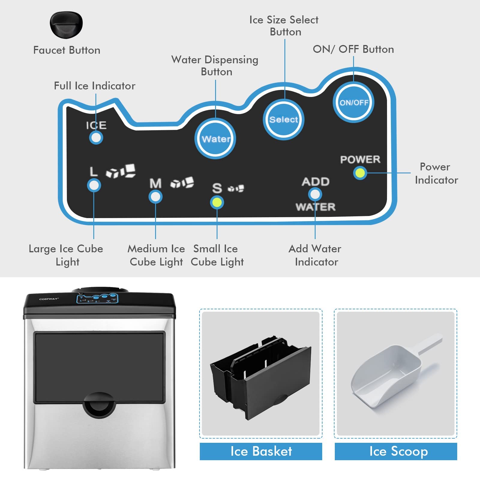 KOTEK 2 in 1 Countertop Ice Maker & Water Cooler Combo - 48LBS/24H, 3 Ice Sizes (S/M/L), Fast 6-Min Ice Production, 5LBS Storage Basket, Dual Water Fill Options with Ice Scoop - Perfect for Home, Office, and Outdoor Gatherings