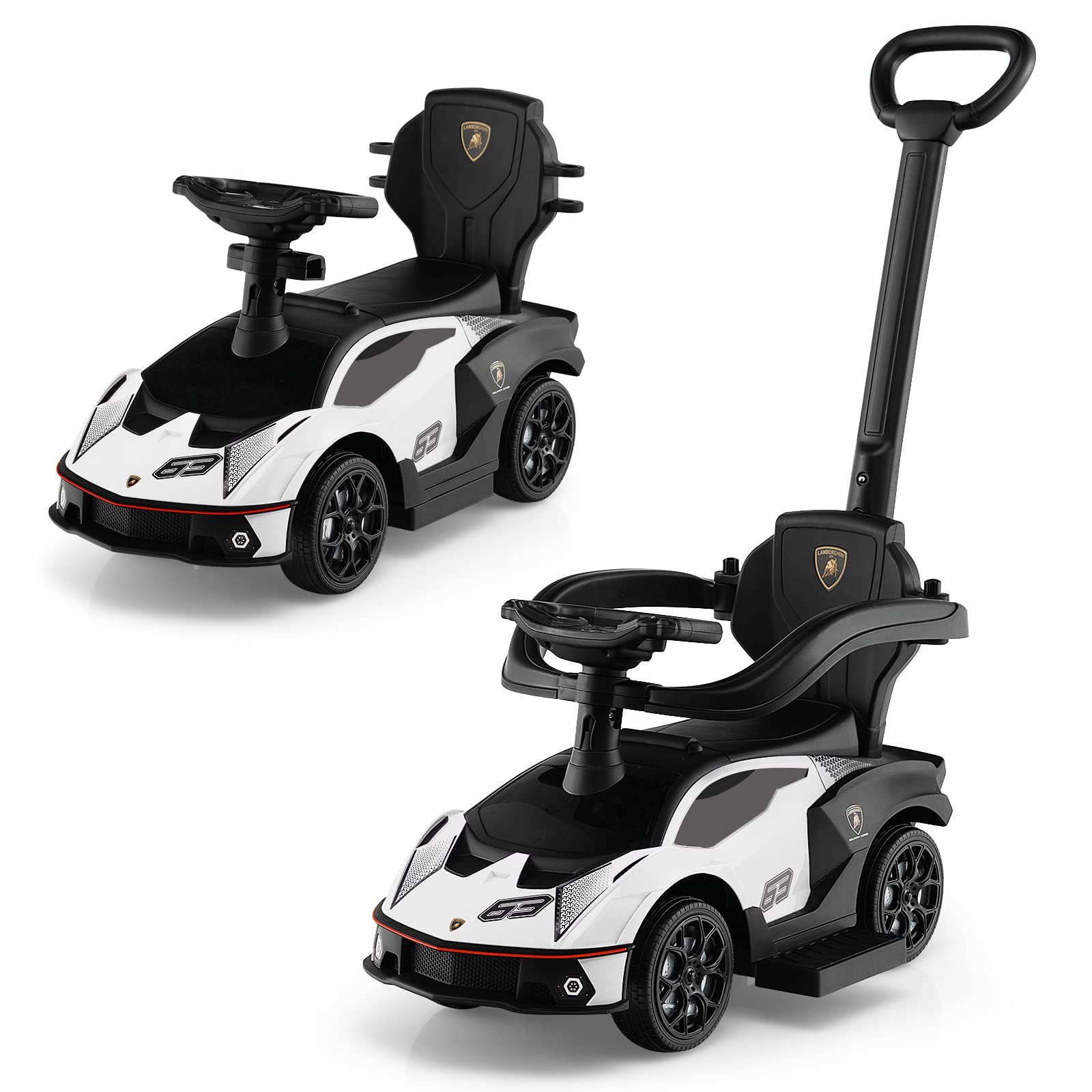 Costzon 3-in-1 Push Car for Toddlers - Licensed Lamborghini Stroller, Ride-On Toy with Handle, Armrest Guardrail & Storage - Foot-to-Floor Walking Car with Horn - Perfect Gift for Boys & Girls (White) - Indoor & Outdoor Play, Birthday & Holiday Present