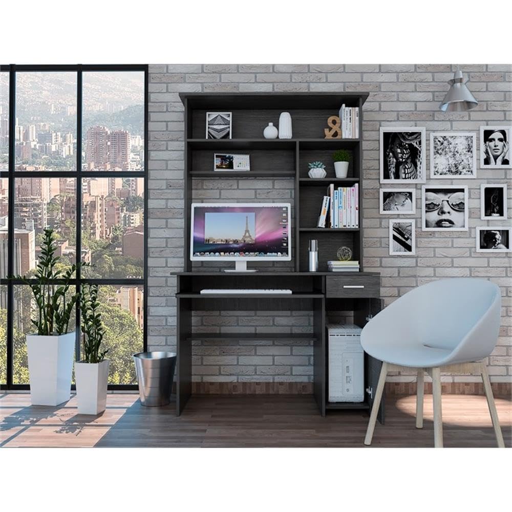 Modern Engineered Wood Desk with Hutch in Charcoal - Stylish Home Office Furniture for Small Spaces, Work from Home & Study Room Organization