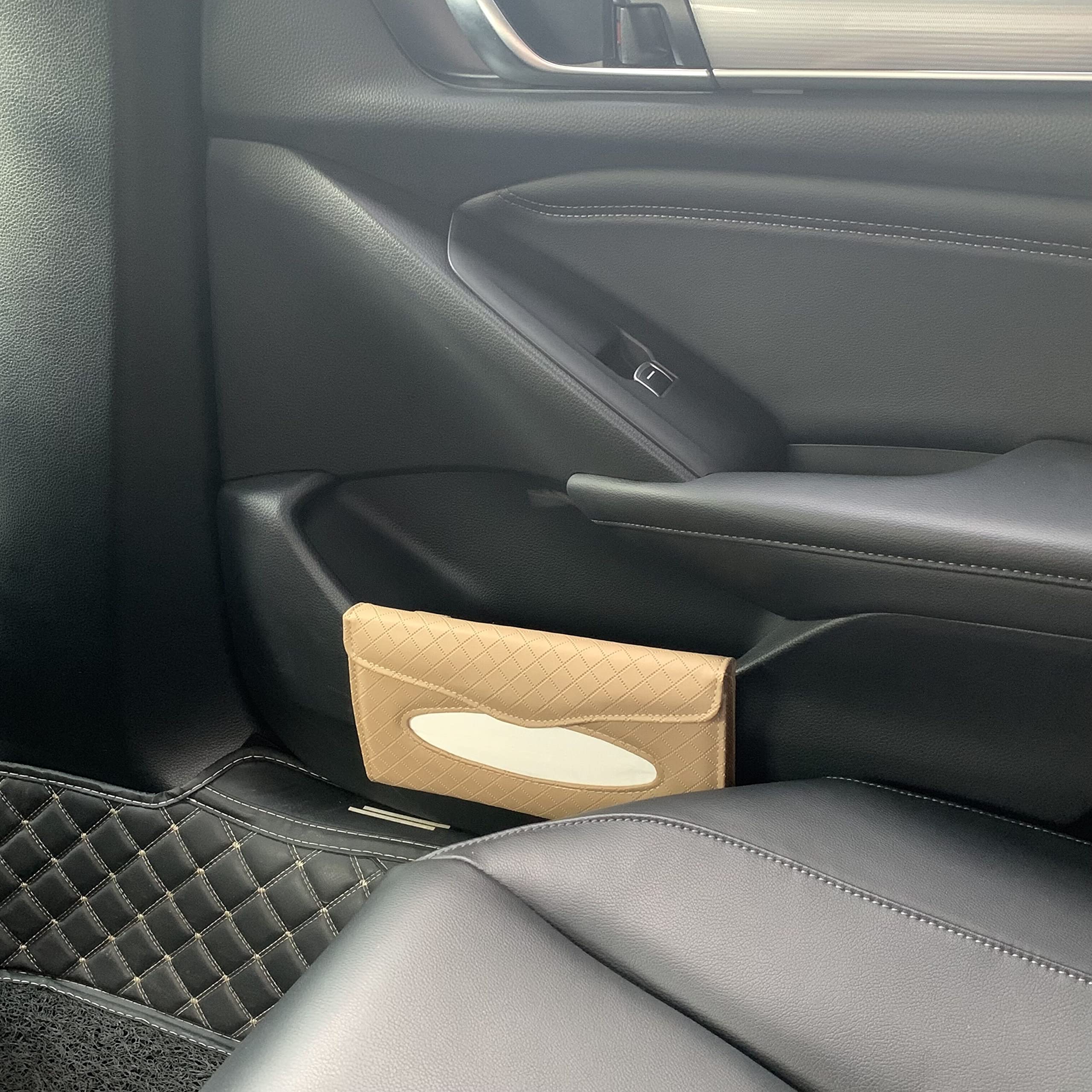 Premium PU Leather Car Visor Tissue Holder - Sun Visor Napkin Dispenser for Car & Truck (Beige) | Convenient Backseat Tissue Storage for Road Trips & Family Travel