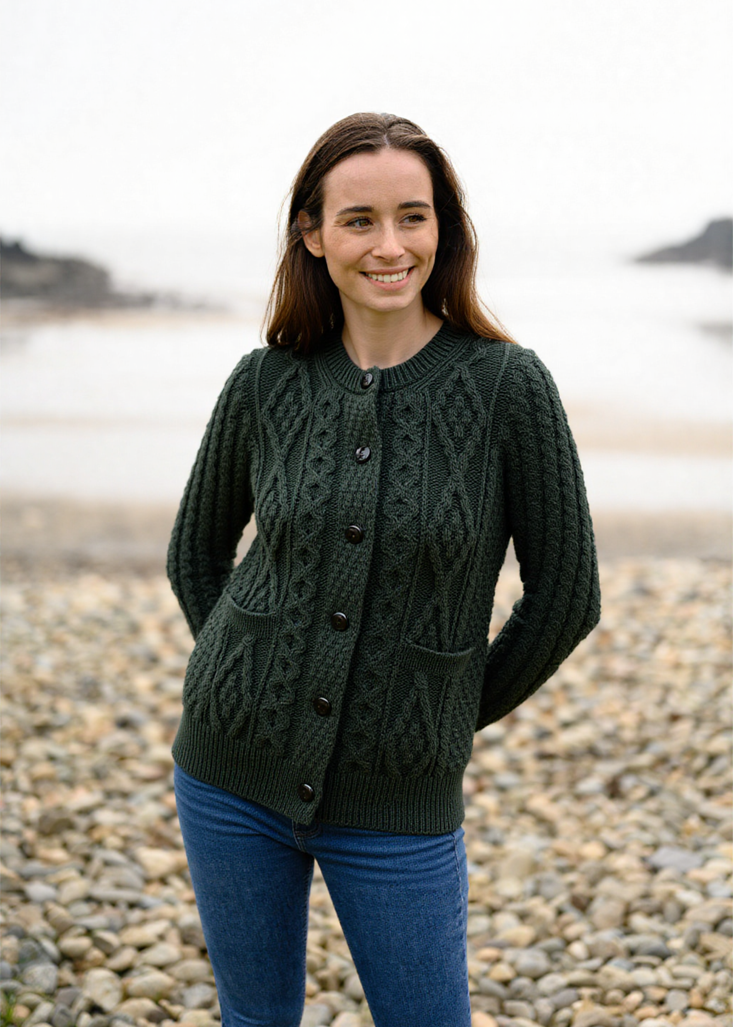 Women's Aran Knit Cardigan Sweater - Cozy Army Green Cable Knit Pullover for Fall & Winter | Perfect for Casual Outfits, Office Wear & Coffee Dates