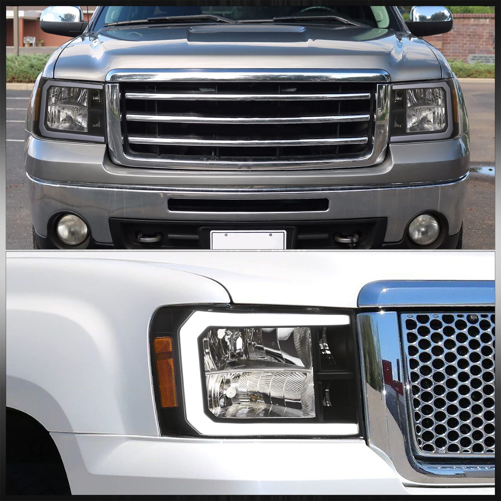 LED DRL Headlights for GMC Sierra 2007-2014 - Black Housing, Amber Reflectors - Upgrade Your Truck Lighting
