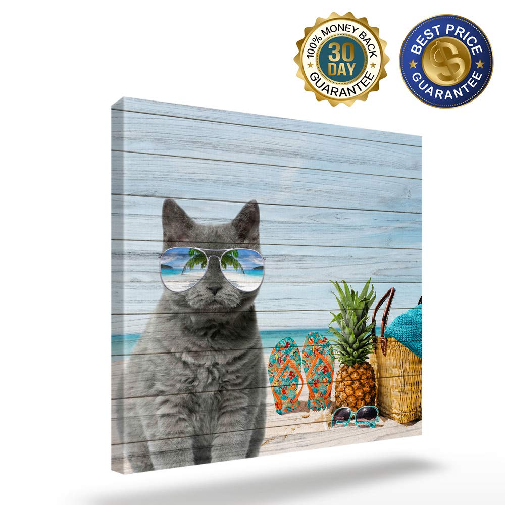 8x8in Square Canvas Wall Art - Beach Sea Life Cat with Sunglasses & Pineapple Oil Painting for Bedroom, Living Room Decor | Frameless Home Wall Decor Perfect for Coastal, Tropical or Boho Style Interiors