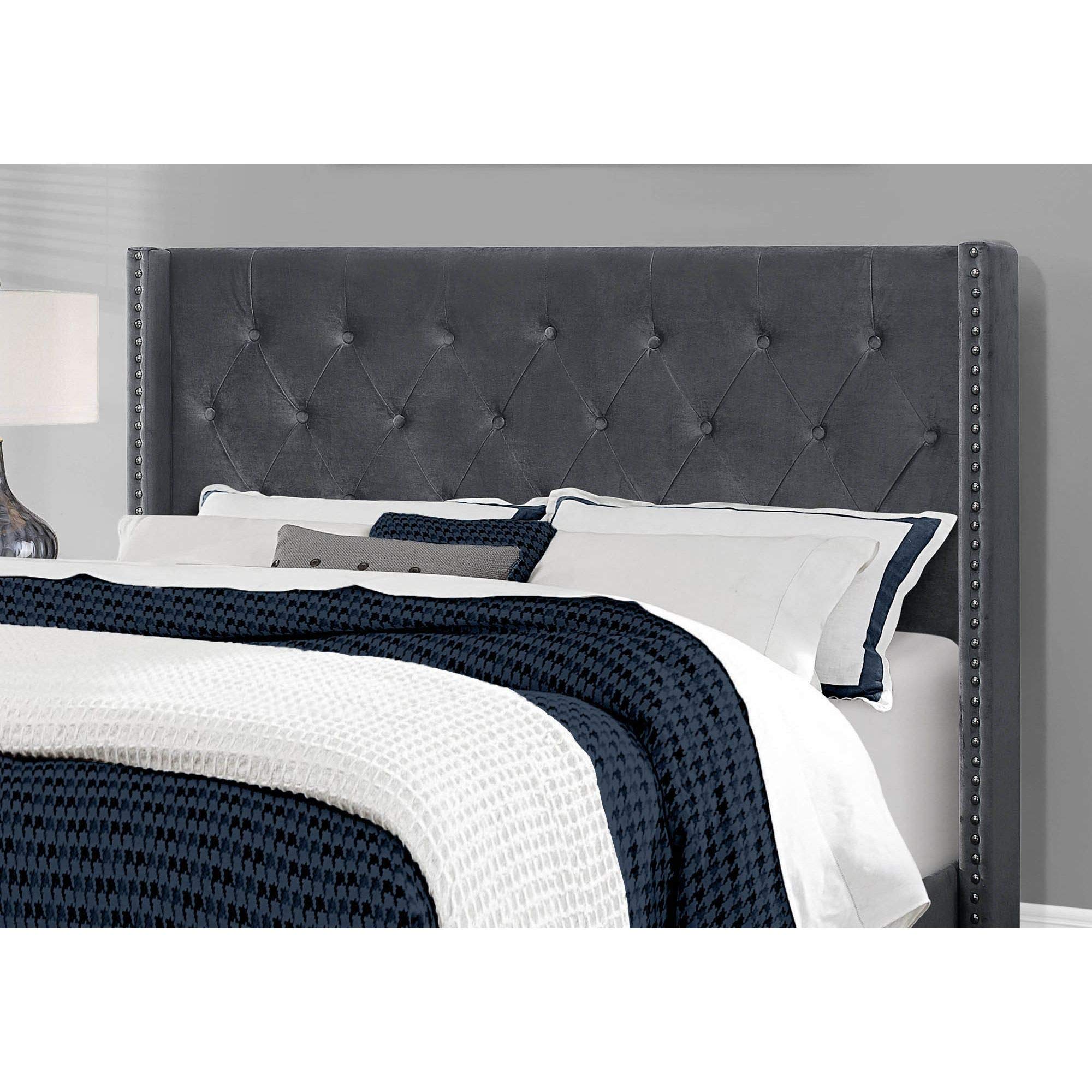 Offex Contemporary Queen Size Bed Frame - Dark Grey Velvet Upholstered Headboard with Chrome Metal Legs for Modern Bedroom Decor | Perfect for Master Bedrooms, Guest Rooms & Apartments