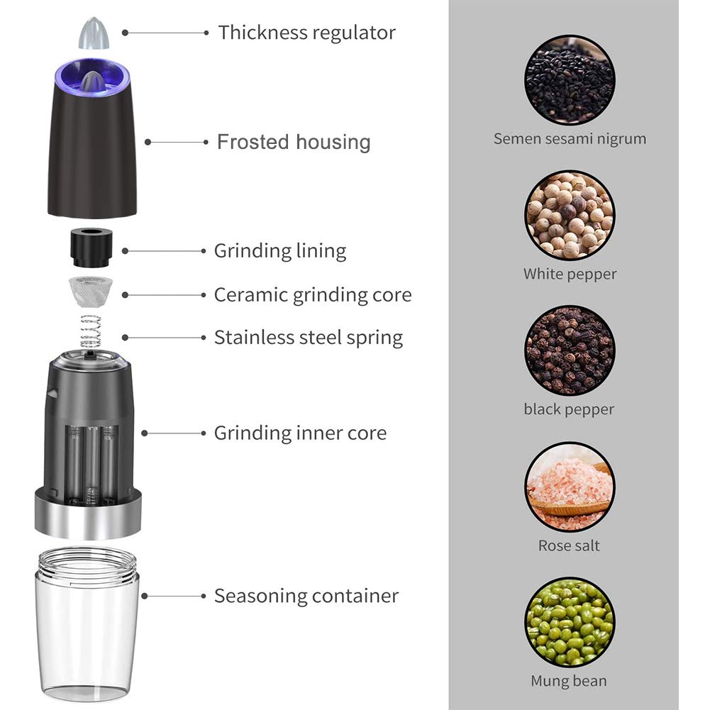 Premium Electric Salt and Pepper Grinder Set - Adjustable Coarseness, Battery Powered with LED Light - Large Capacity One-Hand Operation (2 Pack, Black) - Perfect for Kitchen, Dining Table, and Outdoor BBQ