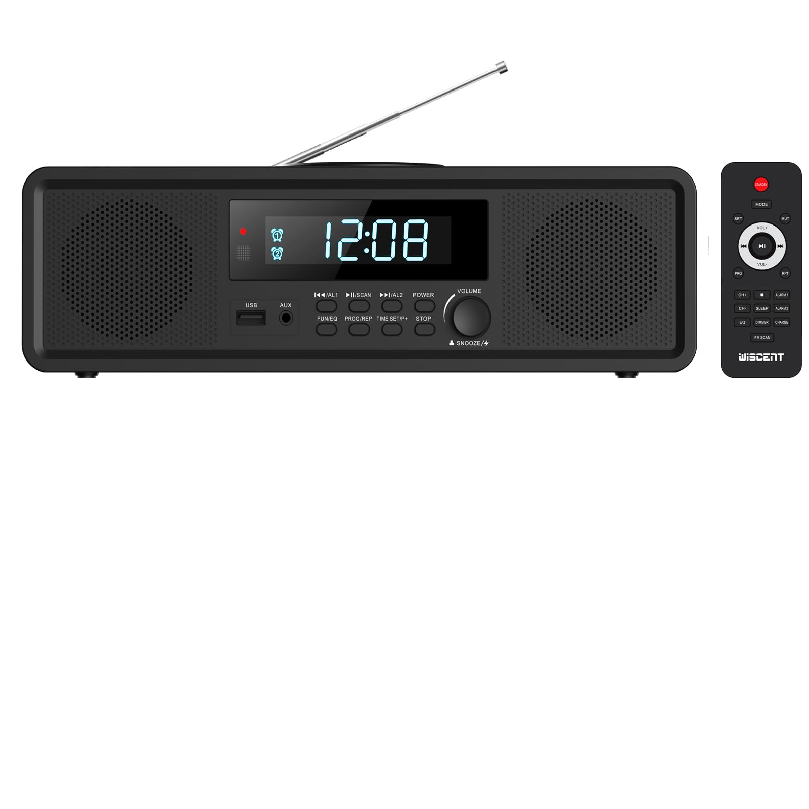 Bluetooth CD Player Stereo System with FM Radio, Aux Input, USB Port, Digital Clock & Alarm - Perfect for Home, Office, and Bedroom Use (Black)