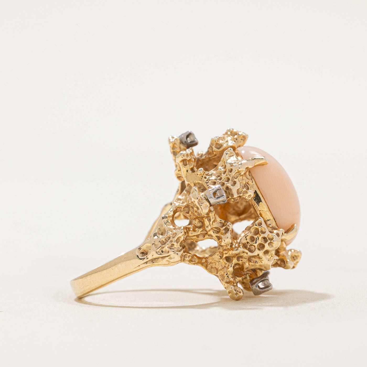 Elegant Pink Coral & Diamond Cocktail Ring - 4.25ct Natural Coral with 0.12ctw Diamonds - Size 7.25 - Perfect for Evening Parties, Weddings & Special Occasions