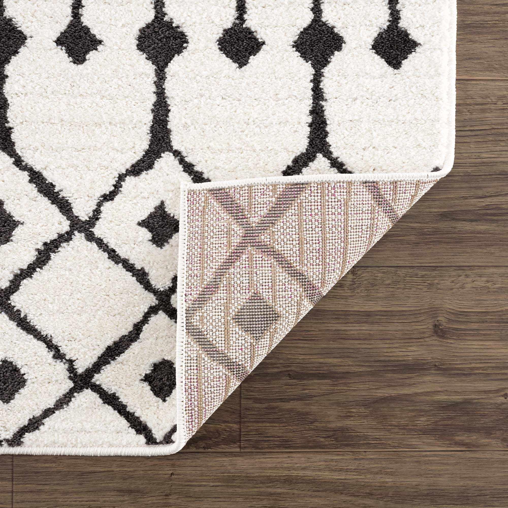 Bohemian Moroccan Geometric Shag Area Rug - High Pile Black & White Charcoal 5'3