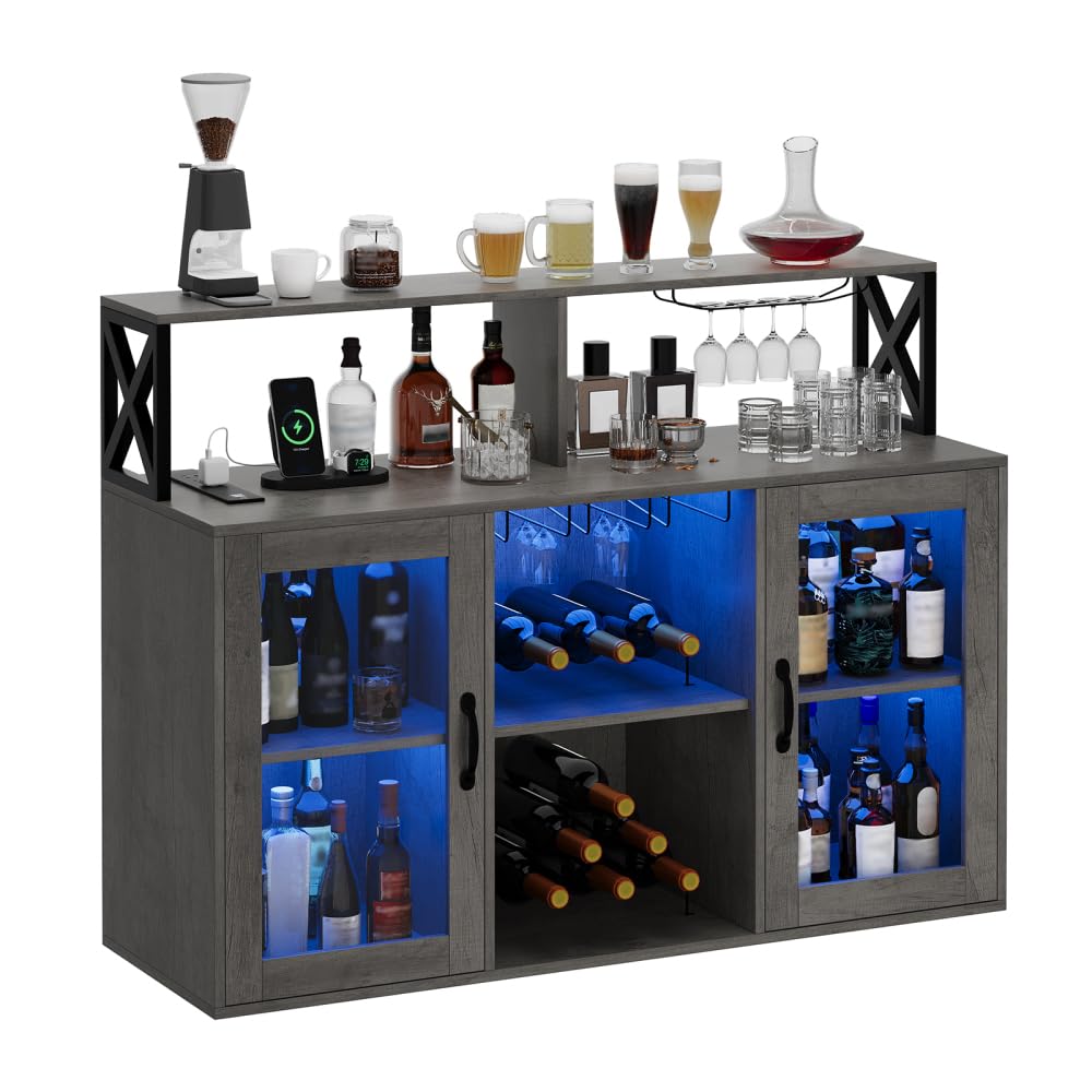 Retro Gray Bar Cabinet with Power Outlets, LED Lights & Glass Holder - Wine Storage Cabinet with Racks for Home & Kitchen - Perfect for Entertaining, Dining Rooms & Man Caves