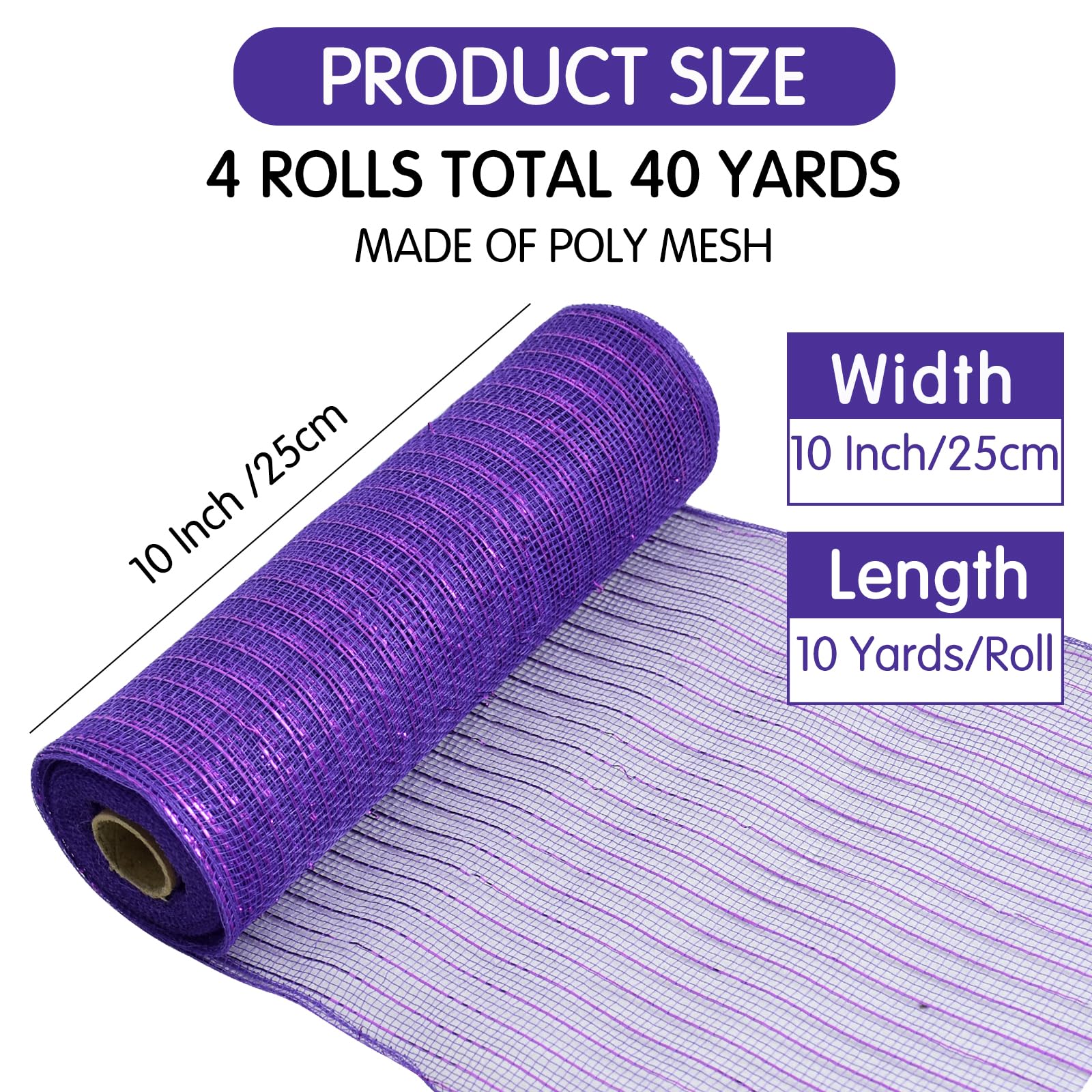 TONIFUL 4 Rolls 10 Inch Decorative Mesh Ribbon - Black Orange Purple Green Wreath Supplies, 30ft per Roll (120ft Total) for Christmas Tree Decor, Front Door Wreaths, DIY Crafts, Halloween & New Year Party Decorations