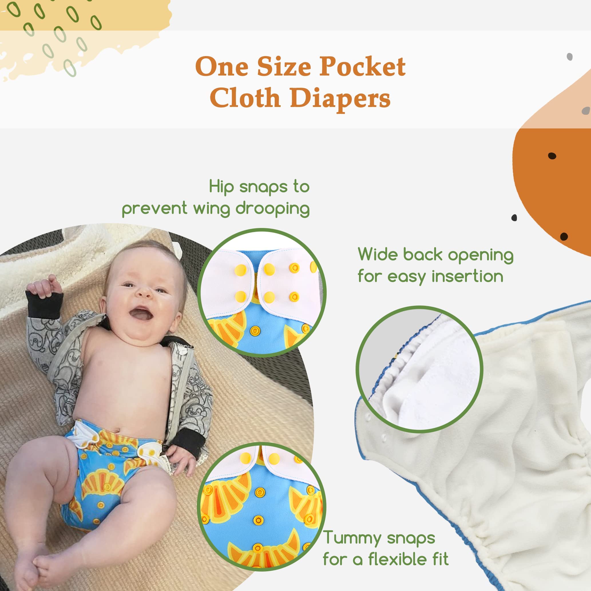 KaWaii Baby 12 Pack One Size Pocket Cloth Diapers + 24 Inserts | Washable Reusable Leakproof Diapering System for Babies 8-36 lbs | Perfect for Daycare, Travel & Eco-Friendly Parenting