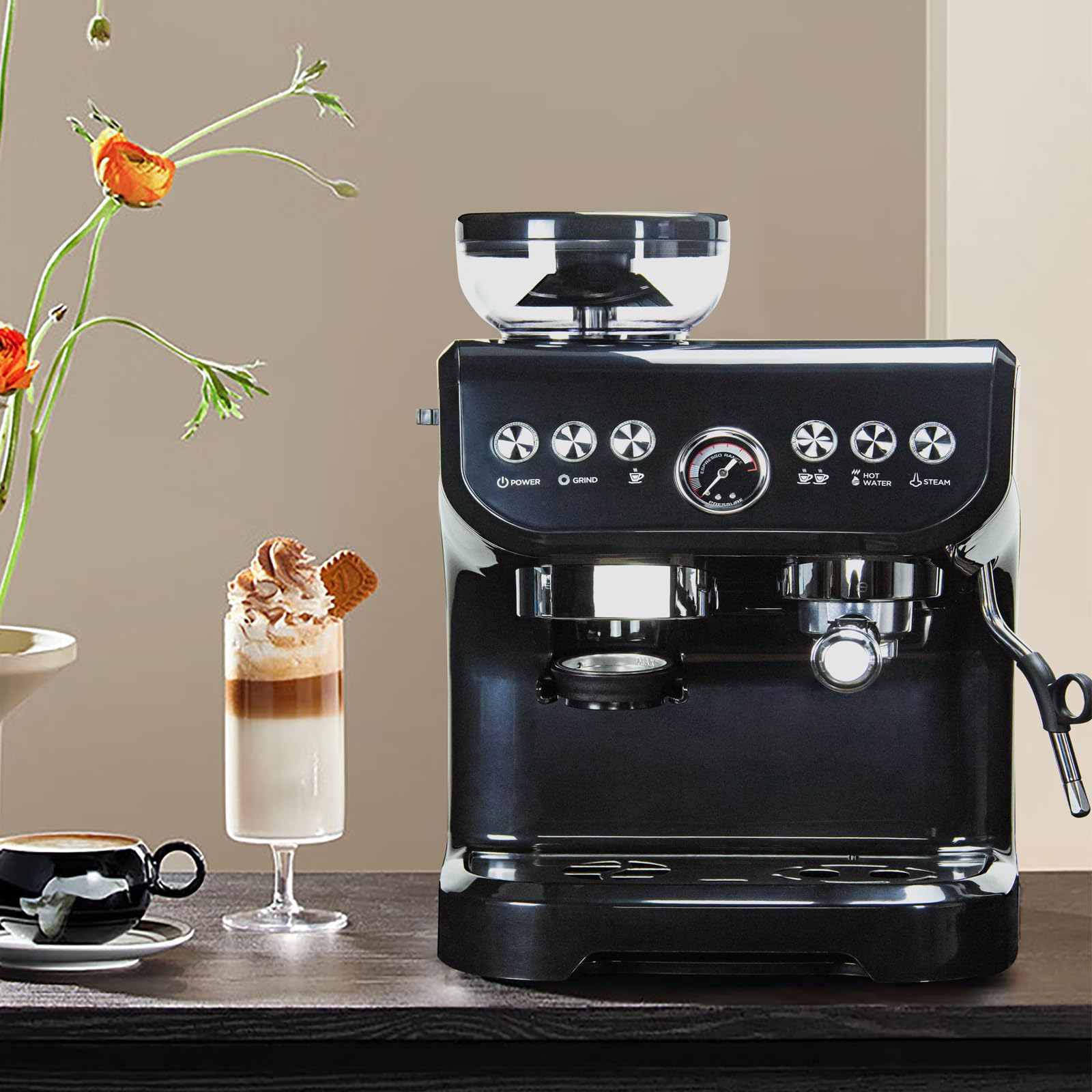 MIROX 15 Bar Espresso Machine with Milk Frother & Built-in Grinder - 70oz Removable Water Tank for Cappuccino & Latte - ABS High-Strength Plastic Coffee Maker for Home & Office Use