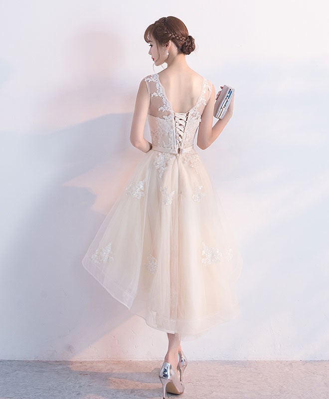 Elegant Champagne Tulle Lace Short Prom Dress with High-Low Hem - Perfect for Evening Parties, Homecoming Dances & Special Occasions