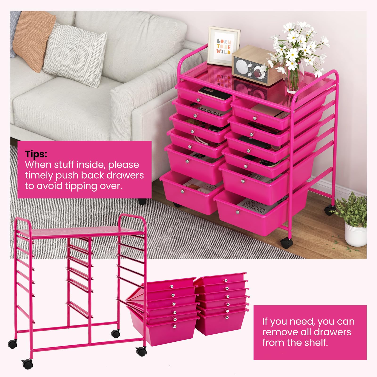 RELAX4LIFE 12-Drawer Rolling Craft Storage Cart with Wheels - Mobile Organizer for Art Supplies, Office, School & Beauty Salon - Pink Utility Cart for Easy Access & Space Saving Organization