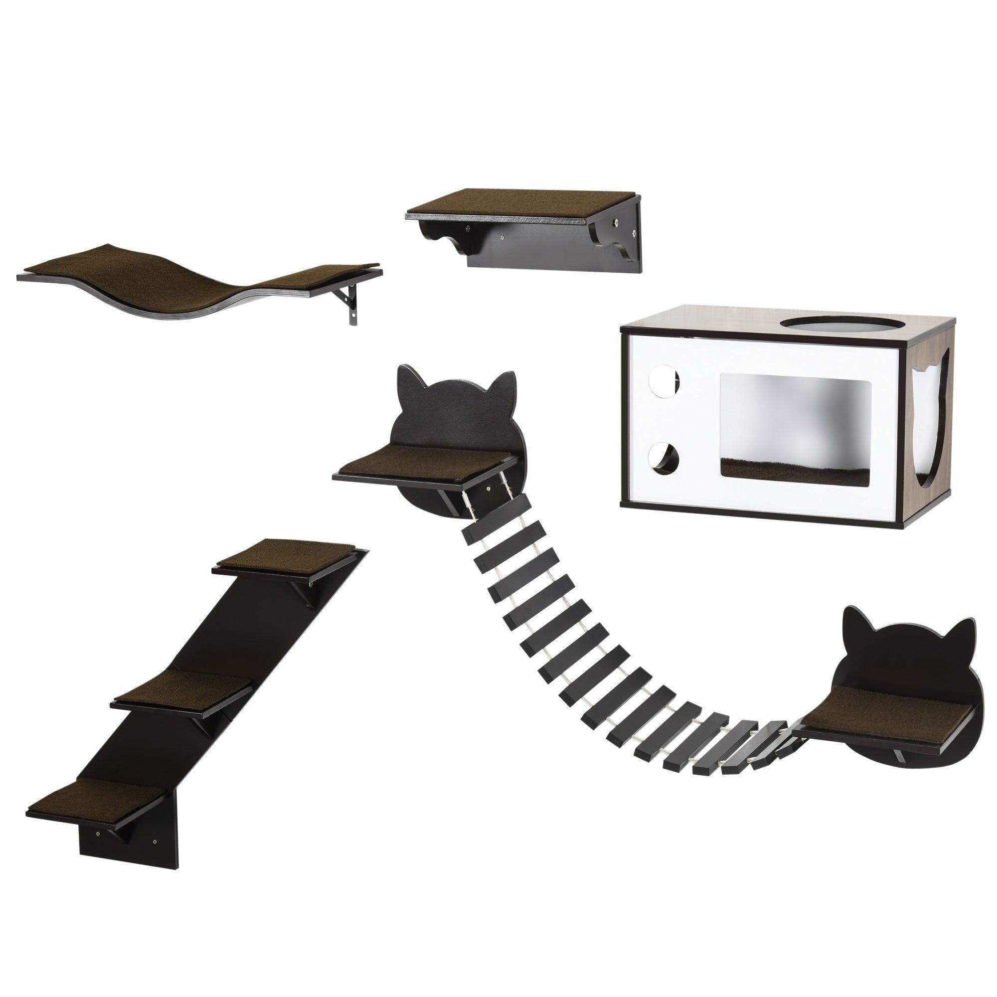 Ergonomic Cat Shelves with Cozy House, Bridge & Stairs - Wall Mounted Cat Climbing Playground for Indoor Cats - Modern Coffee Brown Cat Tree for Play, Rest & Exercise