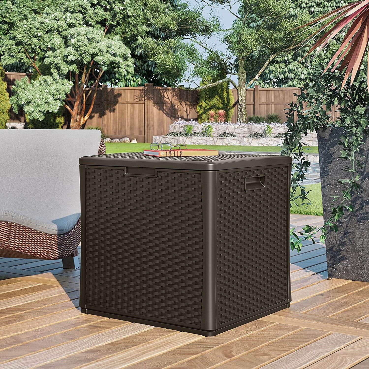 Suncast 60 Gallon Resin Outdoor Storage Box - Waterproof Deck Box for Patio Furniture Cushions, Garden Tools & Accessories - Durable Java Brown Container for Backyard, Poolside & Deck Organization