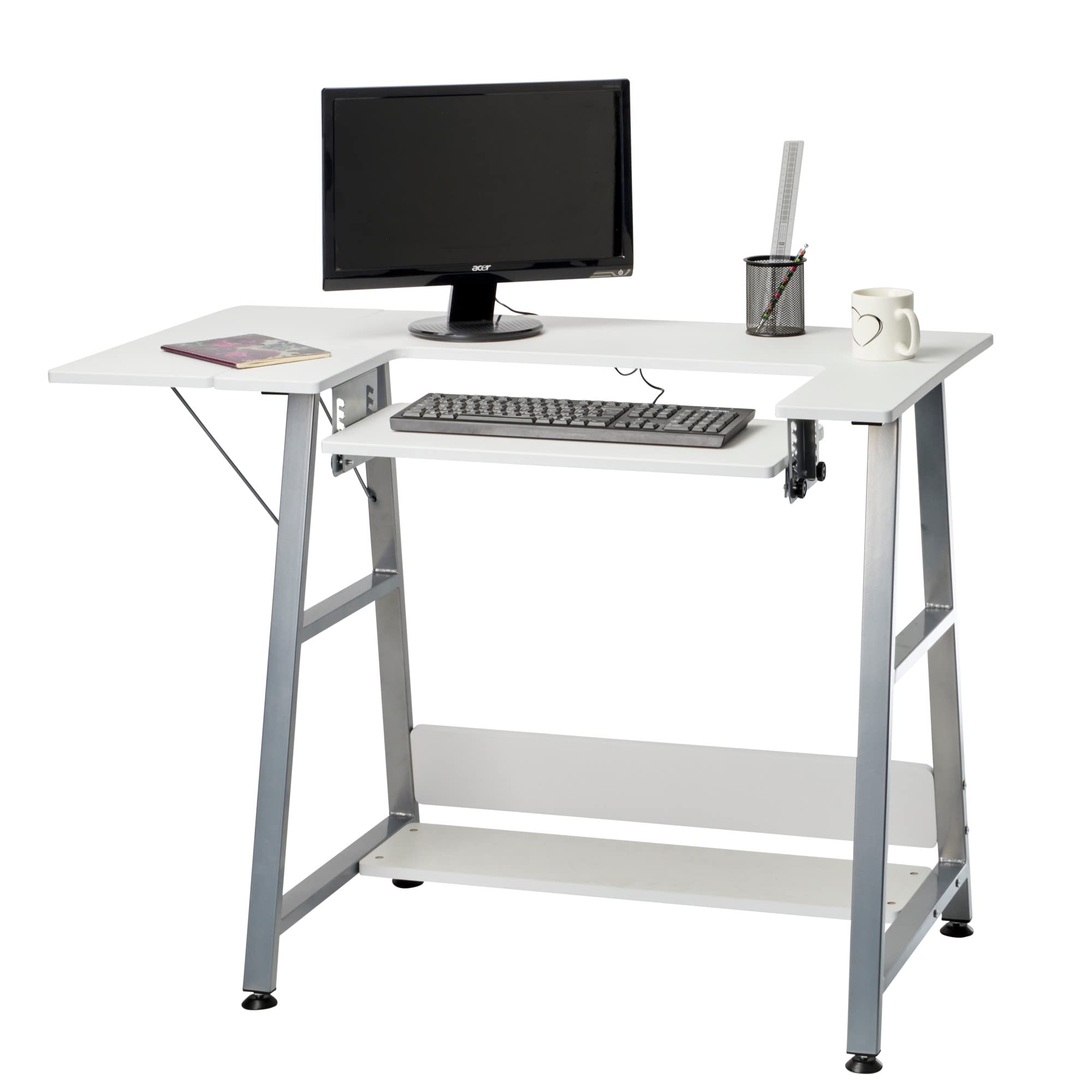 Adjustable Small Sewing Table with Drop Leaf Extension - White & Silver Sewing Machine Table with Storage Shelf | Perfect for Quilting, Crafting & Home Office Use - WC1013