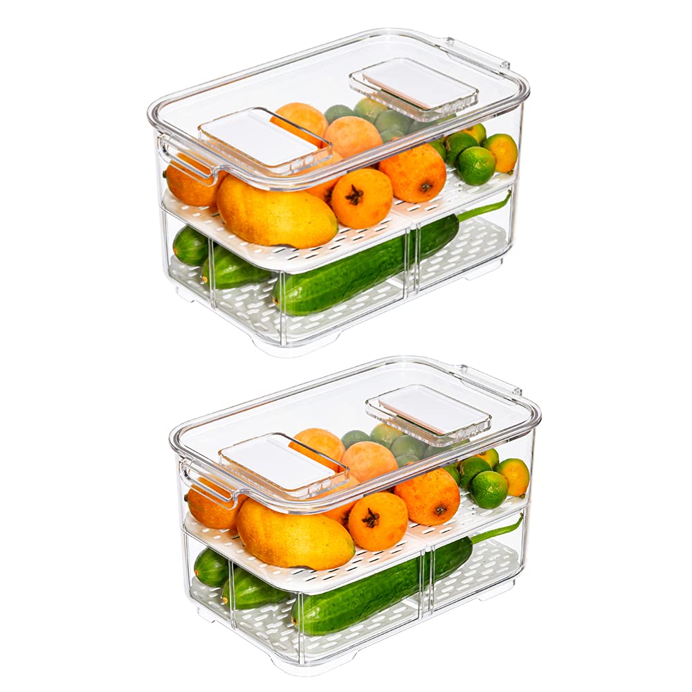 Fresh Produce Storage Containers for Refrigerator & Freezer - 2 Pack Airtight Food Saver Bins with Lids & Removable Drain Tray - Perfect for Fruits, Vegetables & Meal Prep Organization - Ideal for Kitchen, Pantry & Refrigerator Storage