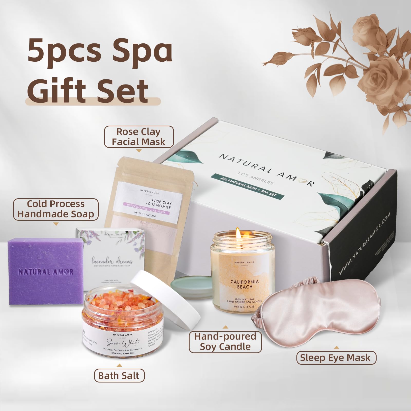 Natural Amor Handmade Spa Gift Set - 5 Piece Relaxing Skin Care Set for Women | Organic Self-Care Kit with Bath Salts, Body Butter & More | Perfect Birthday, Mother's Day & Holiday Gift | Ideal for Home Spa Nights, Pampering Sessions & Stress Relief