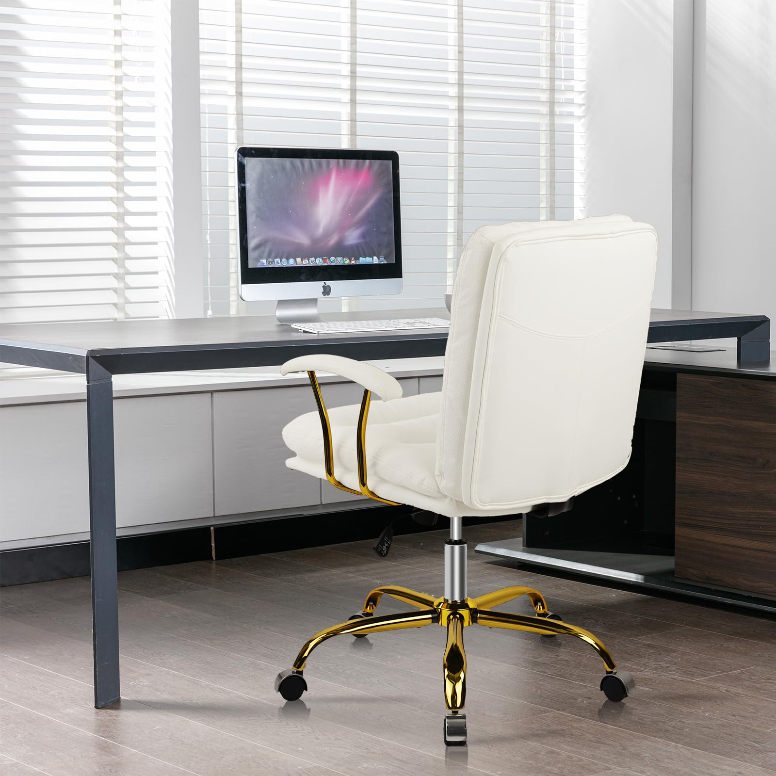 Ergonomic Office Desk Chair with Wheels & Adjustable Arms - Faux Leather Computer Chair for Home, Bedroom & Office - White Chair with Gold Casters (300lb Weight Capacity) - Perfect for Long Work Hours, Gaming & Study Sessions