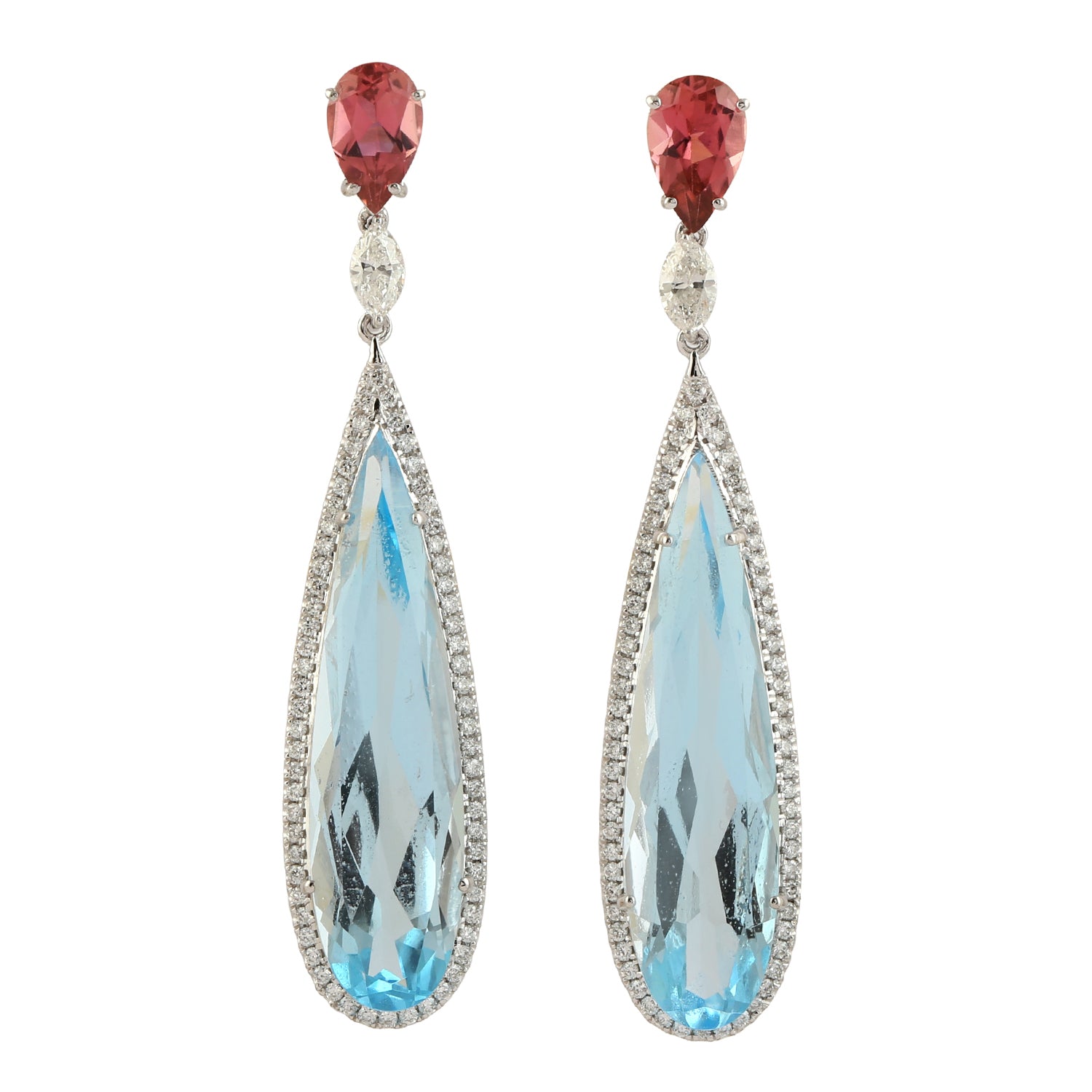 Exquisite 18K White Gold Blue Topaz & Pink Tourmaline Diamond Pave Dangle Earrings for Women | Perfect for Weddings, Parties & Special Occasions