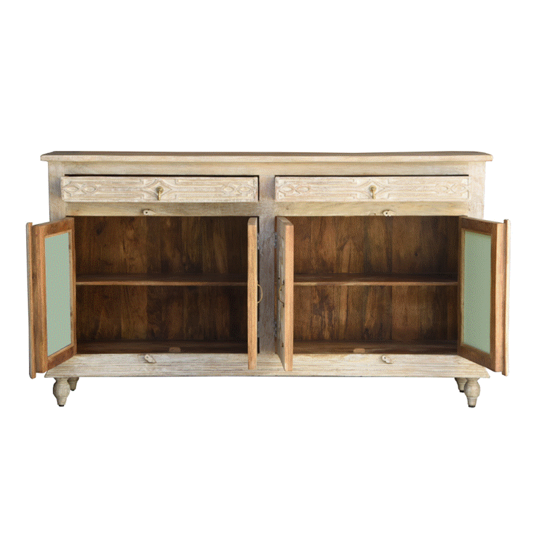 Hand Carved Wooden Sideboard - Rustic Farmhouse Buffet Cabinet with Storage for Dining Room & Living Room | Solid Wood Console Table for Home Decor