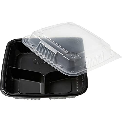 75 Sets Black PP Pebble Box Serving Tray with Vented Lid - 9x9 Inch 3-Compartment Food Storage Container for Lunch, Meal Prep & Party Serving | Durable, Reusable & BPA-Free