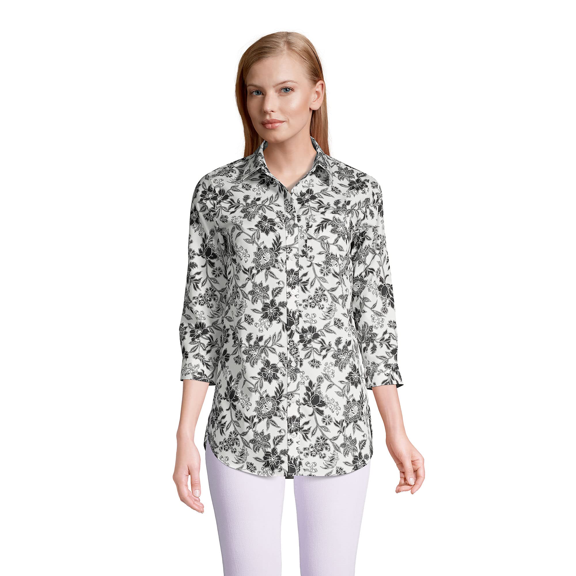 Lands' End Women's No Iron 3/4 Sleeve Tunic Top - Wrinkle-Free Casual Blouse for Work & Travel | Perfect for Office, Business Trips & Everyday Wear