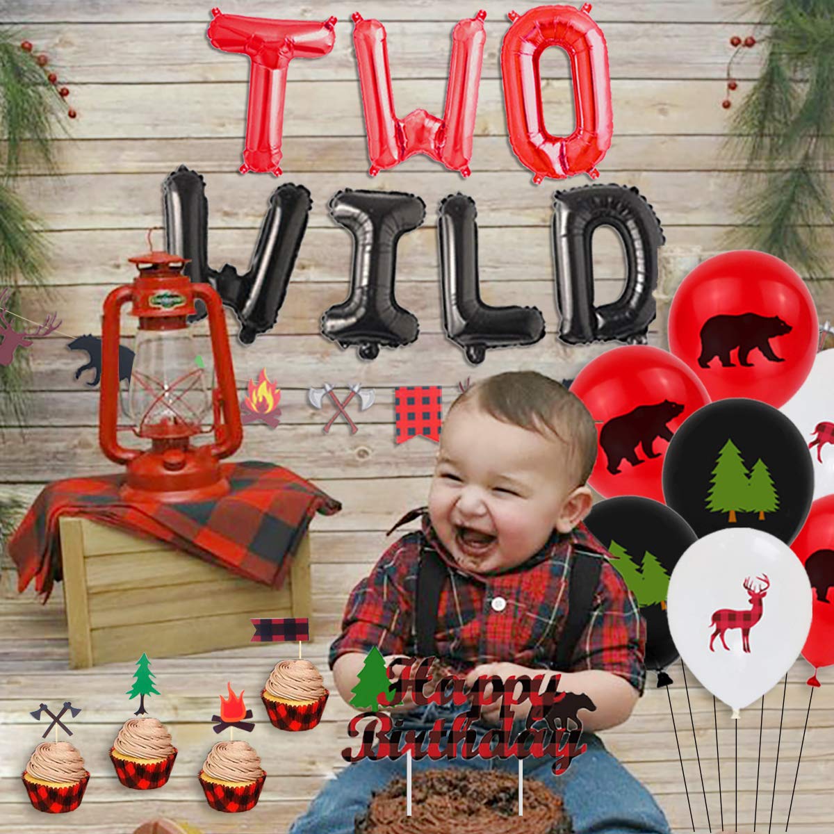 Lumberjack 2nd Birthday Party Decorations for Boys - Two Wild Themed Decor Set in Black & Red Buffalo Plaid - Complete 2nd Birthday Party Supplies for Outdoor, Camping or Rustic Theme Celebrations