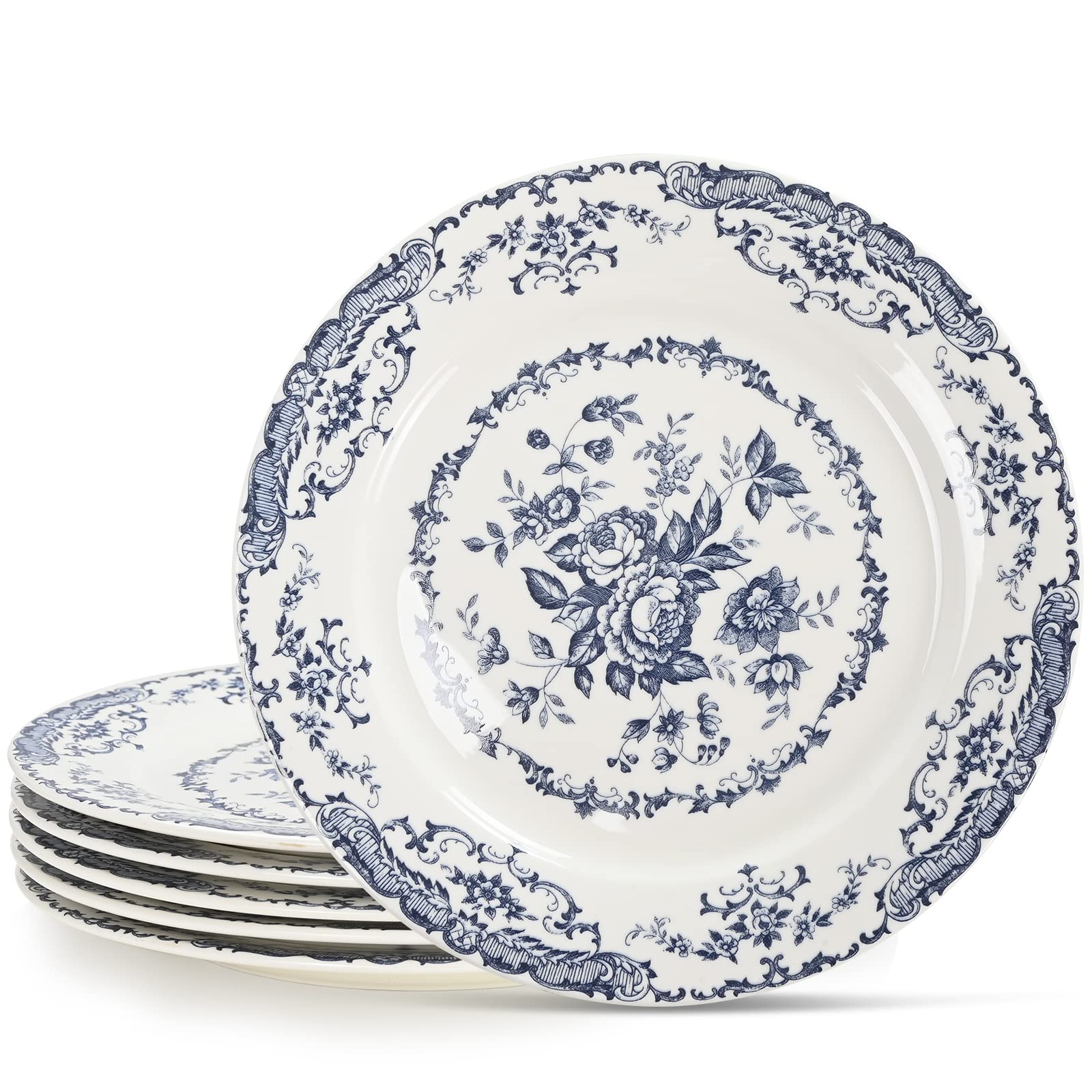 6-Piece White Ceramic Dinner Plates Set - 10.5 Inch Microwave Safe Porcelain Plates with Floral Blue Design for Everyday Dining & Entertaining