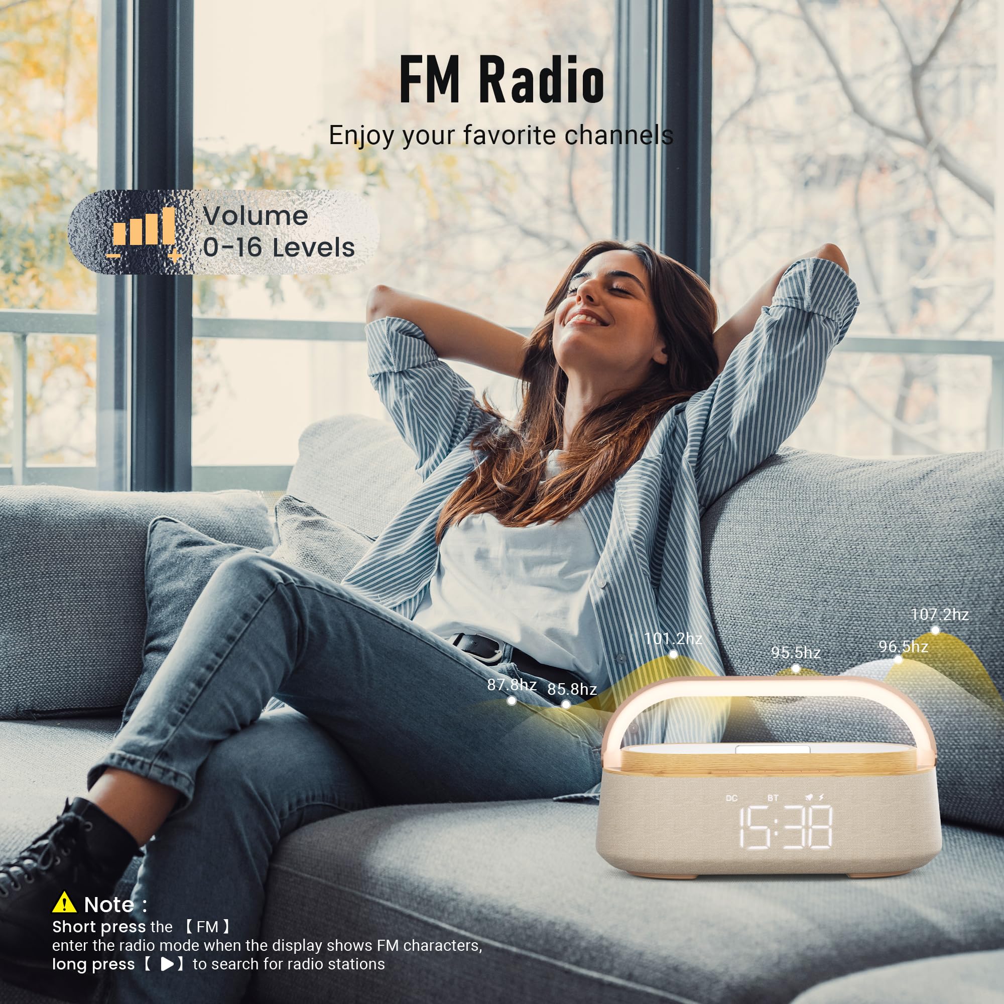 Wireless Bluetooth Speaker with Built-in Wireless Charger, FM Radio, Adjustable LED Night Light - Dual Stereo Sound for Home, Office, Bedroom - Perfect Gift for Music Lovers (Wooden Finish) - Ideal for Parties, Relaxation & Home Decor